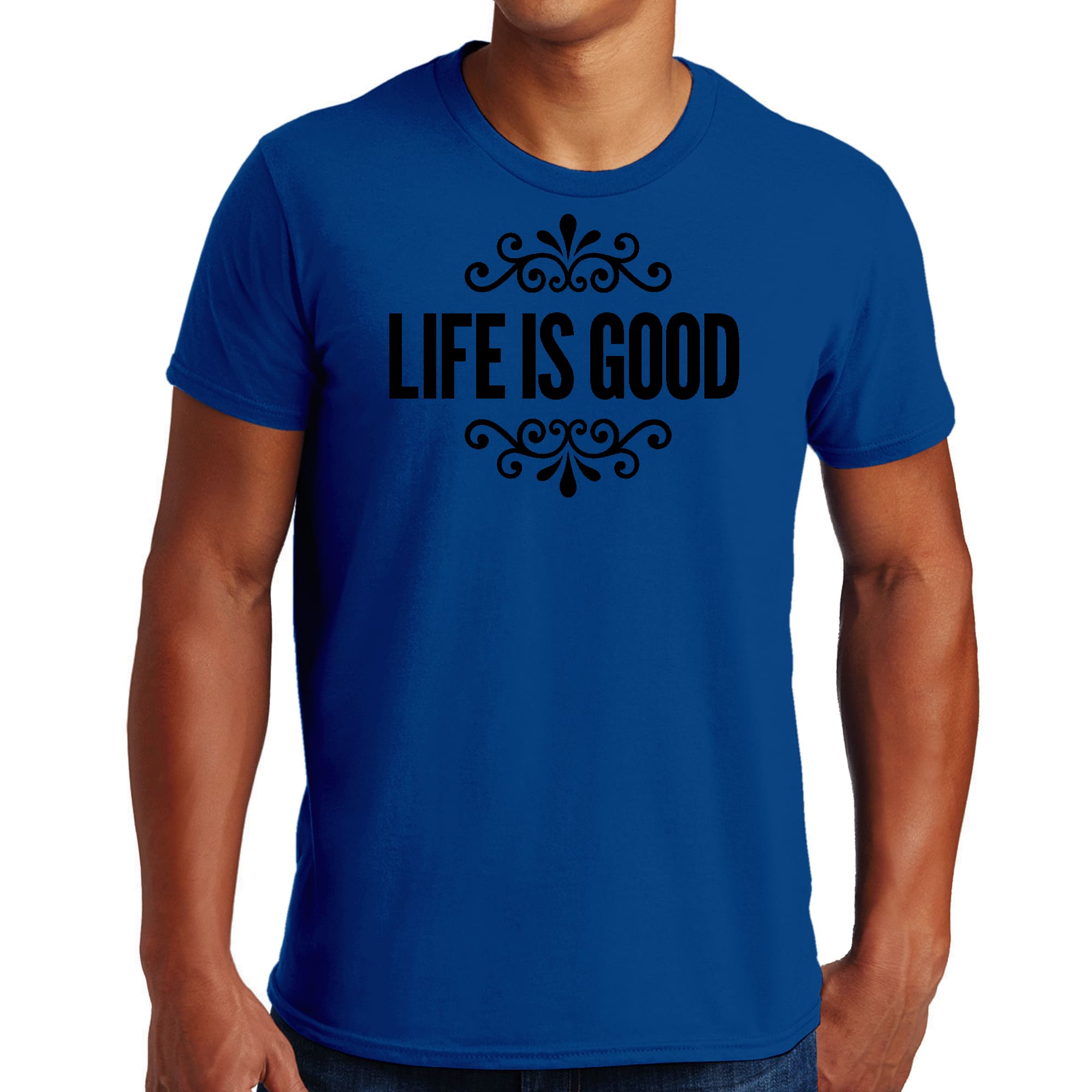 Men's black graphic t-shirt featuring Life is Good word art illustration, made from soft preshrunk cotton for comfort.