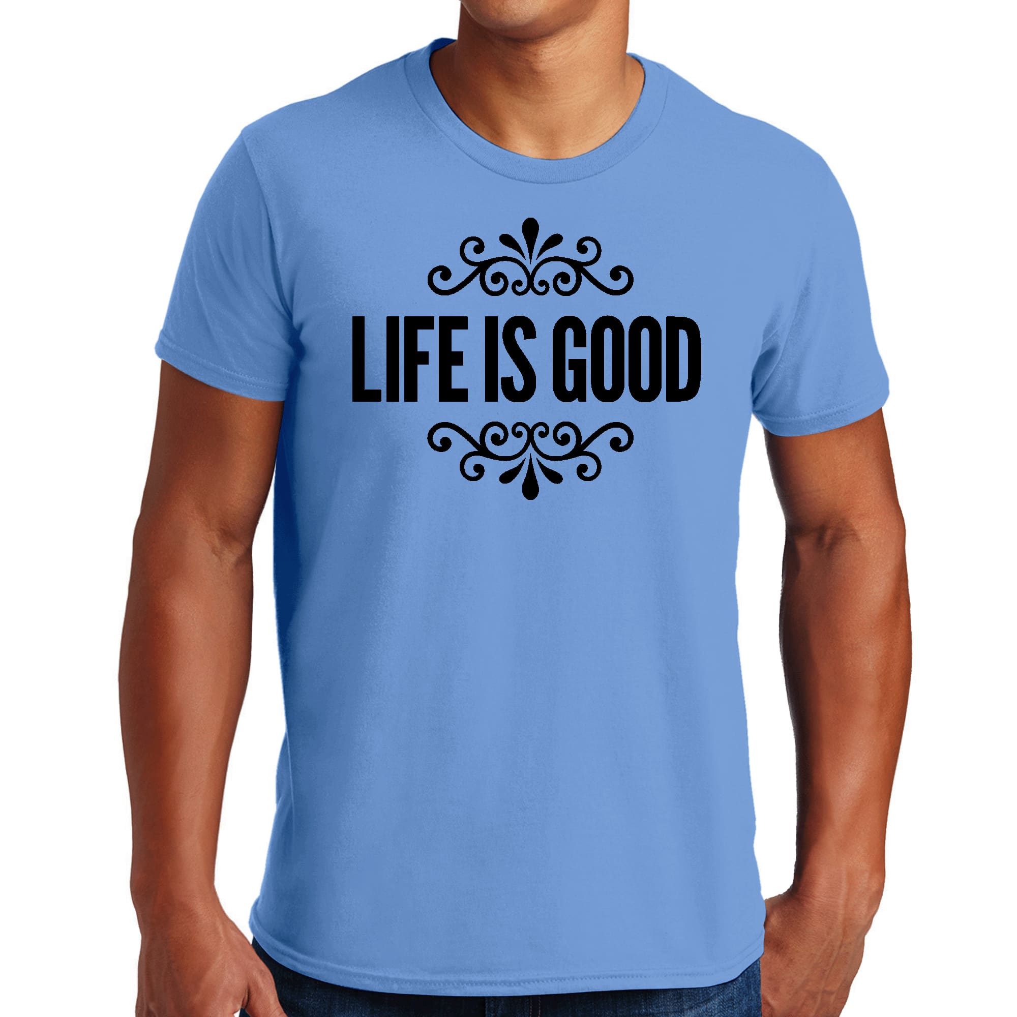 Men's black graphic t-shirt featuring Life is Good word art illustration, made from soft preshrunk cotton for comfort.