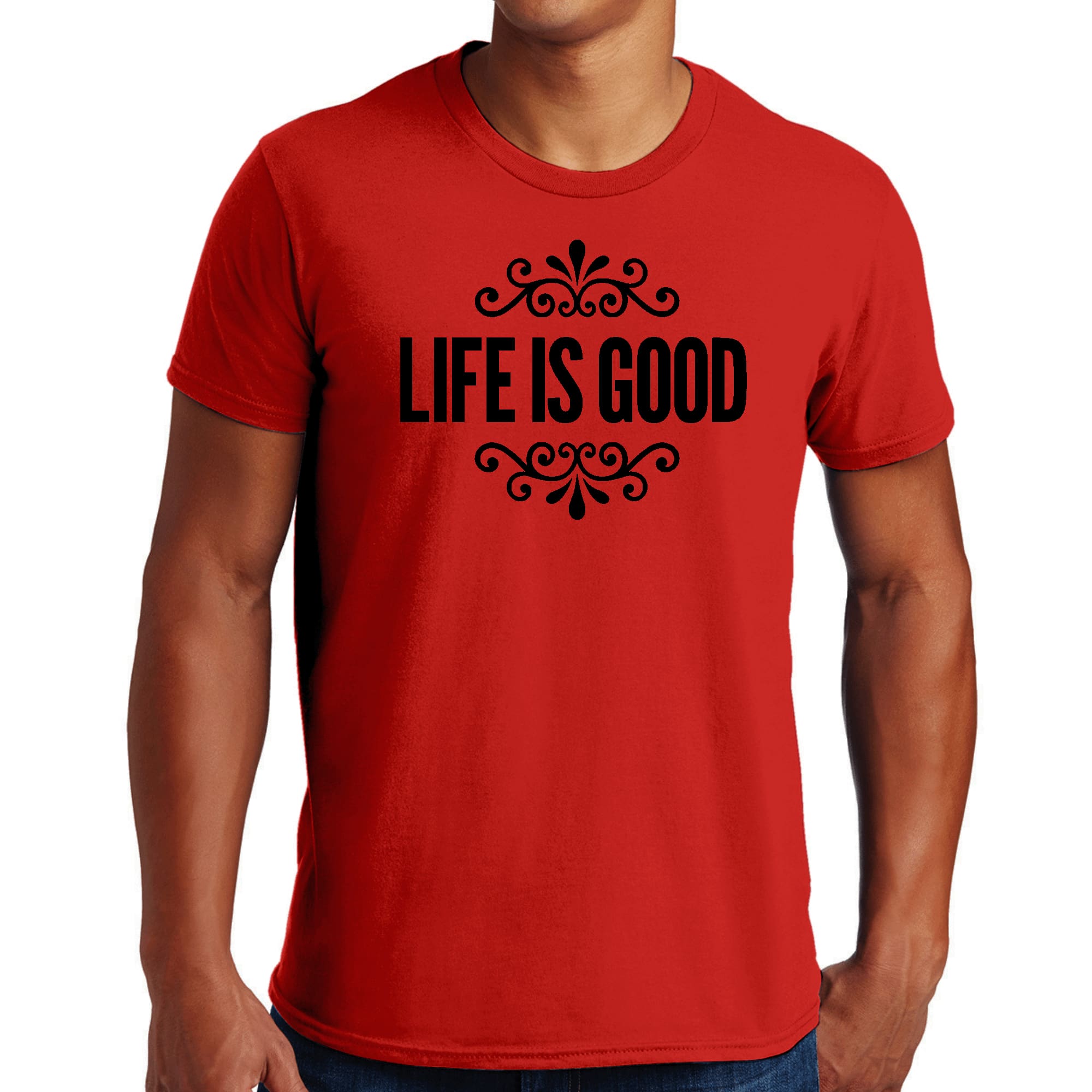 Men's black graphic t-shirt featuring Life is Good word art illustration, made from soft preshrunk cotton for comfort.