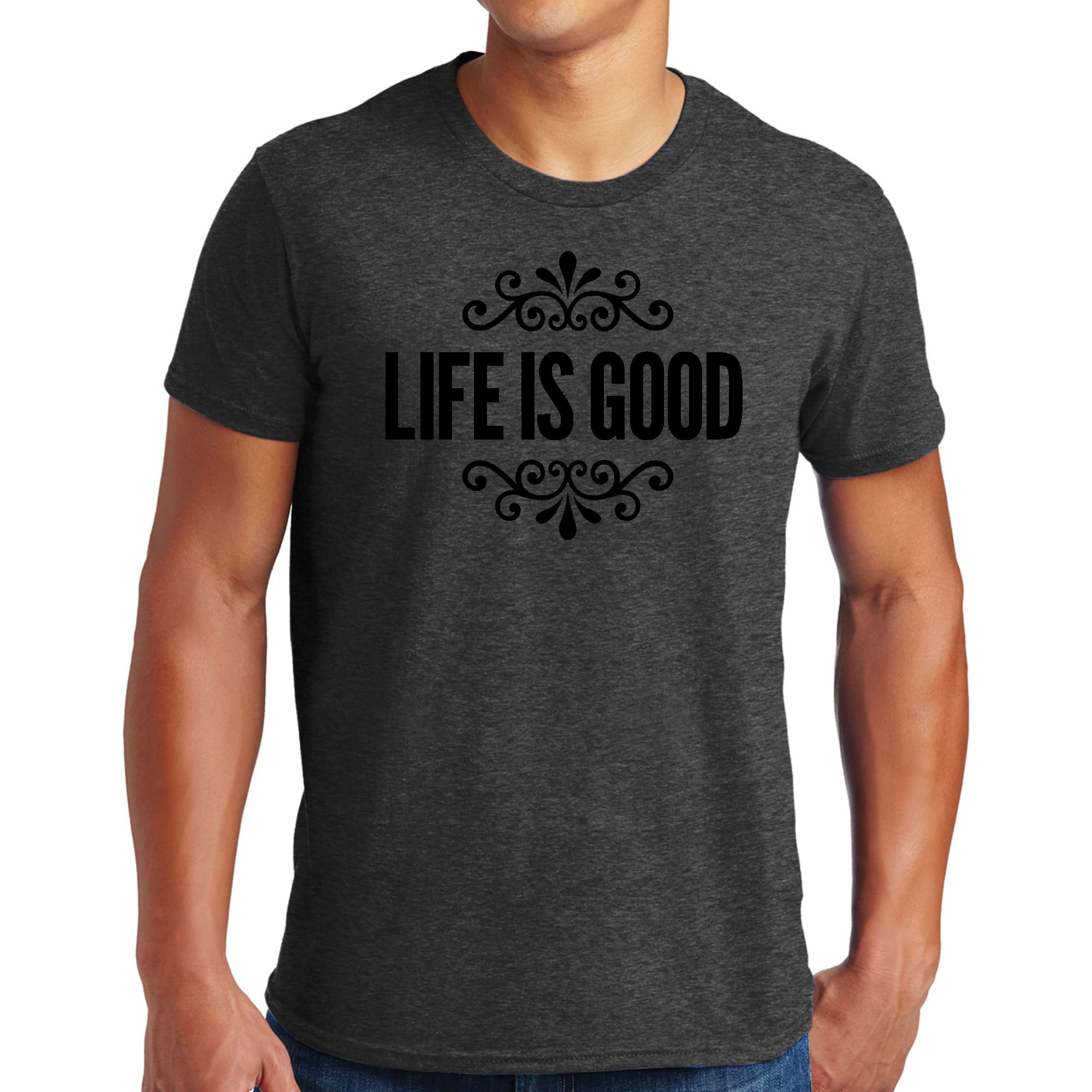 Men's black graphic t-shirt featuring Life is Good word art illustration, made from soft preshrunk cotton for comfort.