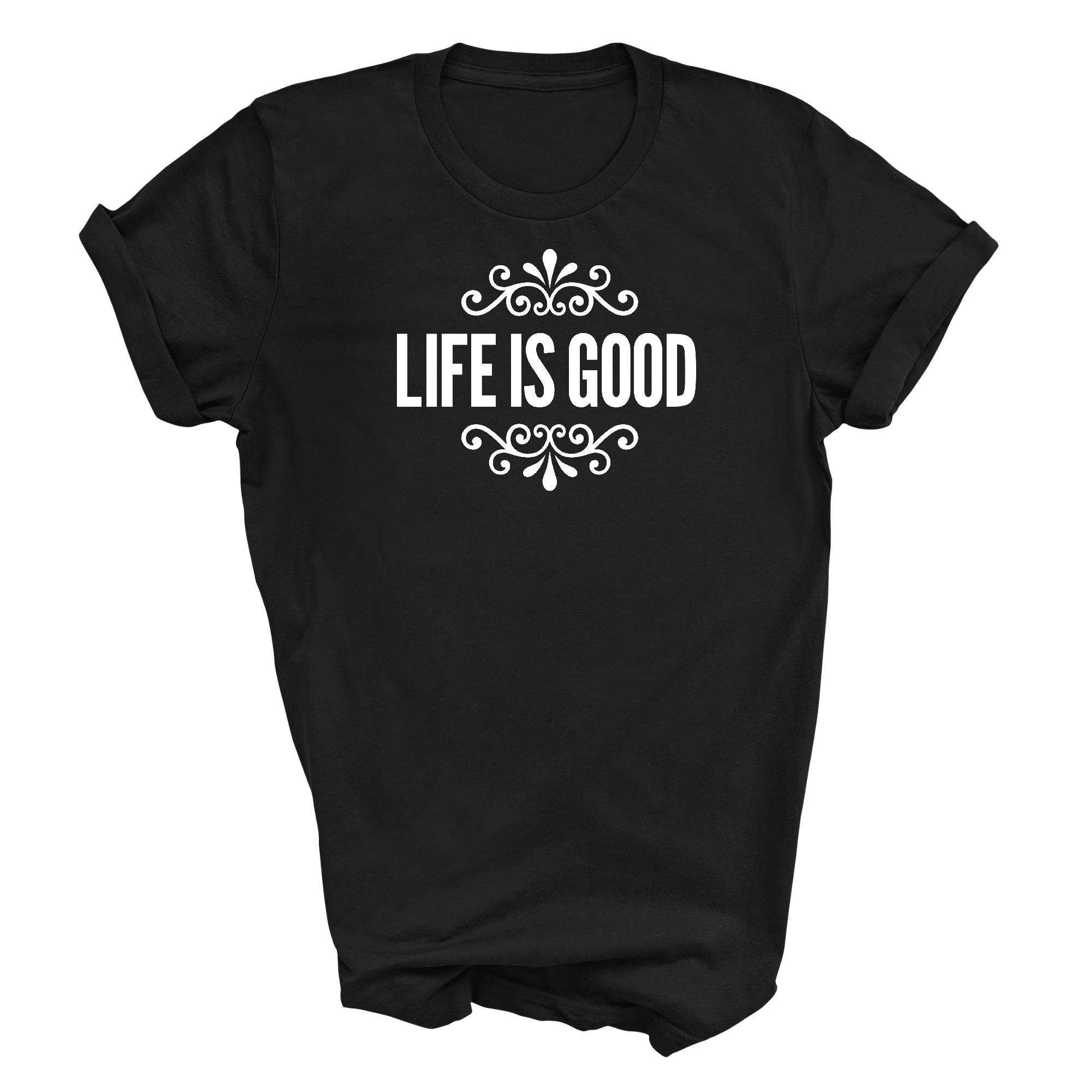 Men's Graphic T-shirt in black featuring 'Life is Good' word art illustration, made from soft preshrunk cotton, available in sizes S-5XL.