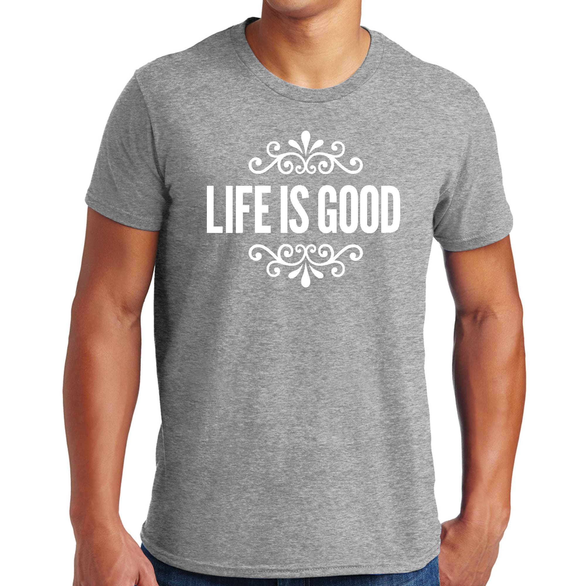 Men's Graphic T-shirt in black featuring 'Life is Good' word art illustration, made from soft preshrunk cotton, available in sizes S-5XL.