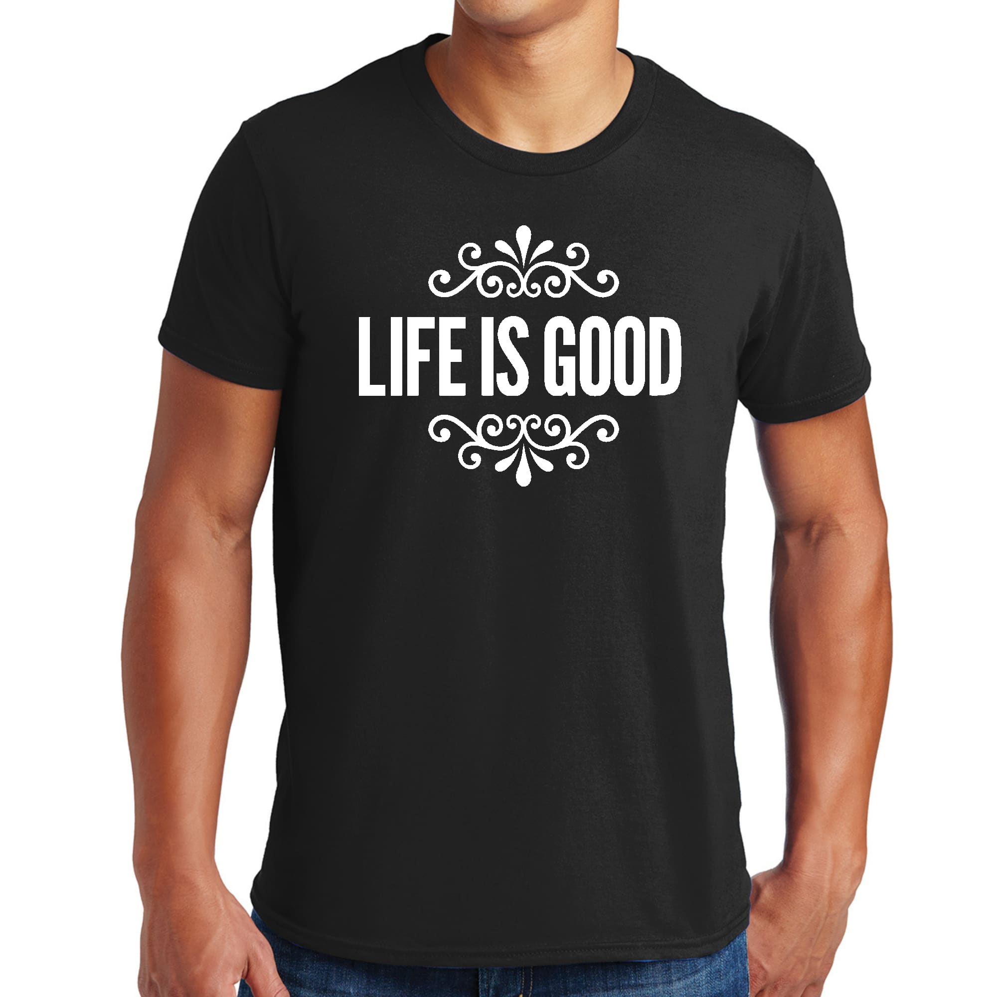 Men's Graphic T-shirt in black featuring 'Life is Good' word art illustration, made from soft preshrunk cotton, available in sizes S-5XL.