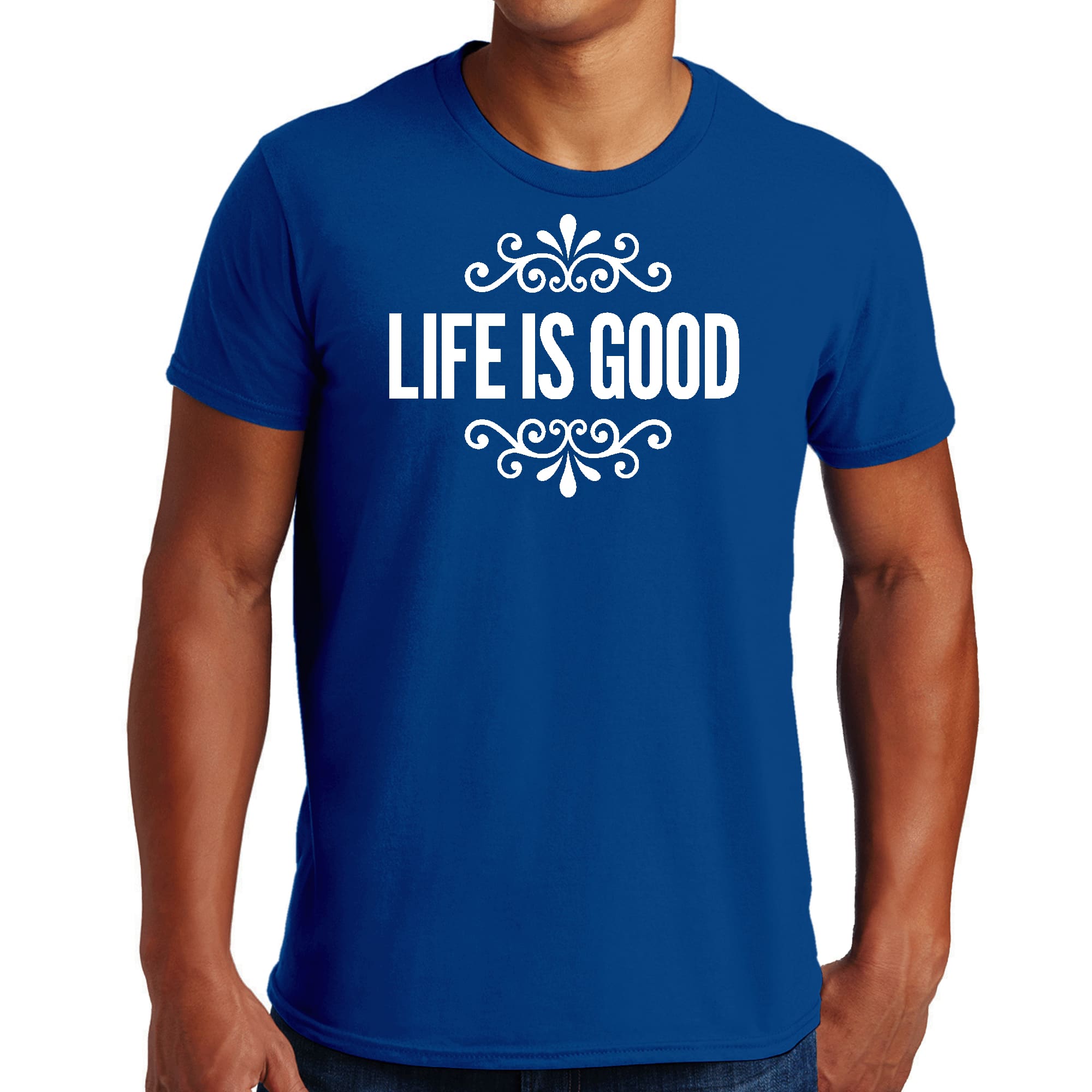 Men's Graphic T-shirt in black featuring 'Life is Good' word art illustration, made from soft preshrunk cotton, available in sizes S-5XL.