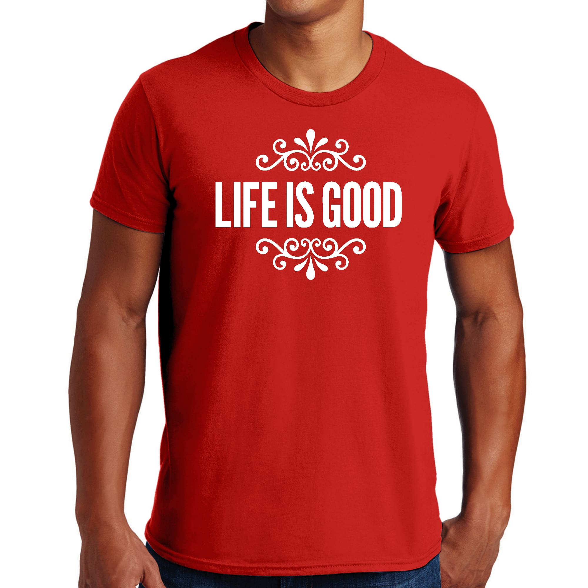 Men's Graphic T-shirt in black featuring 'Life is Good' word art illustration, made from soft preshrunk cotton, available in sizes S-5XL.