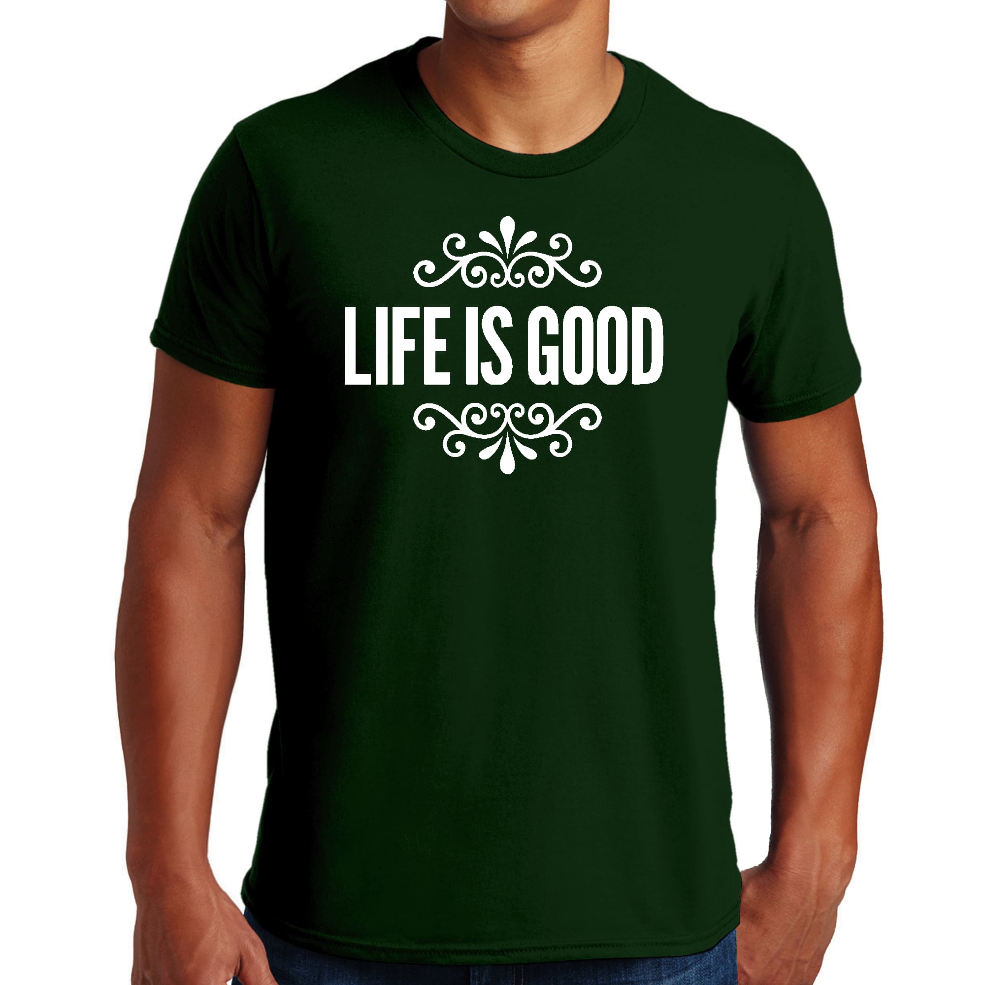 Men's Graphic T-shirt in black featuring 'Life is Good' word art illustration, made from soft preshrunk cotton, available in sizes S-5XL.