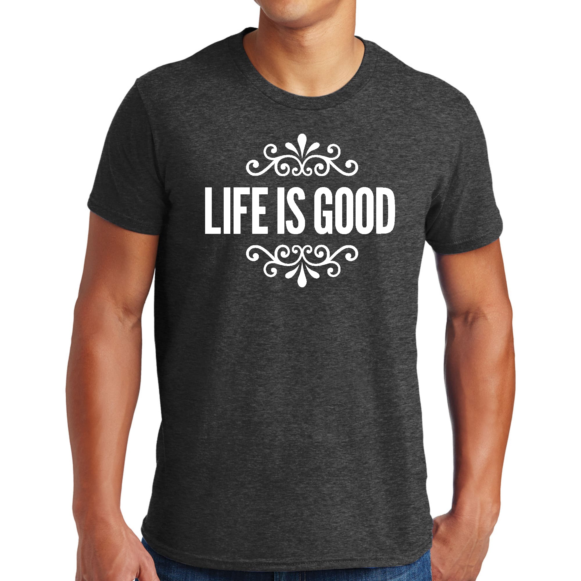 Men's Graphic T-shirt in black featuring 'Life is Good' word art illustration, made from soft preshrunk cotton, available in sizes S-5XL.