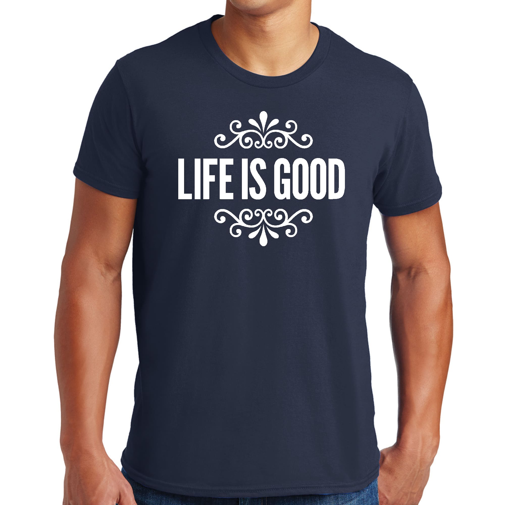 Men's Graphic T-shirt in black featuring 'Life is Good' word art illustration, made from soft preshrunk cotton, available in sizes S-5XL.