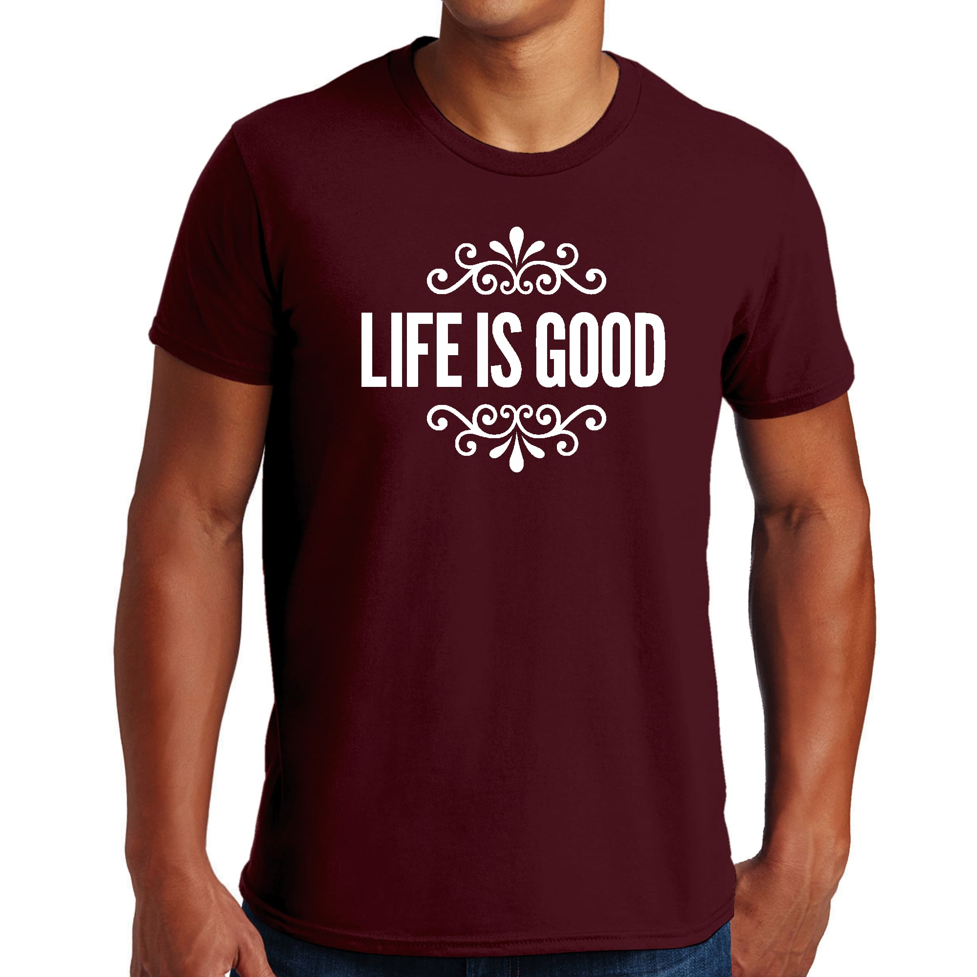 Men's Graphic T-shirt in black featuring 'Life is Good' word art illustration, made from soft preshrunk cotton, available in sizes S-5XL.