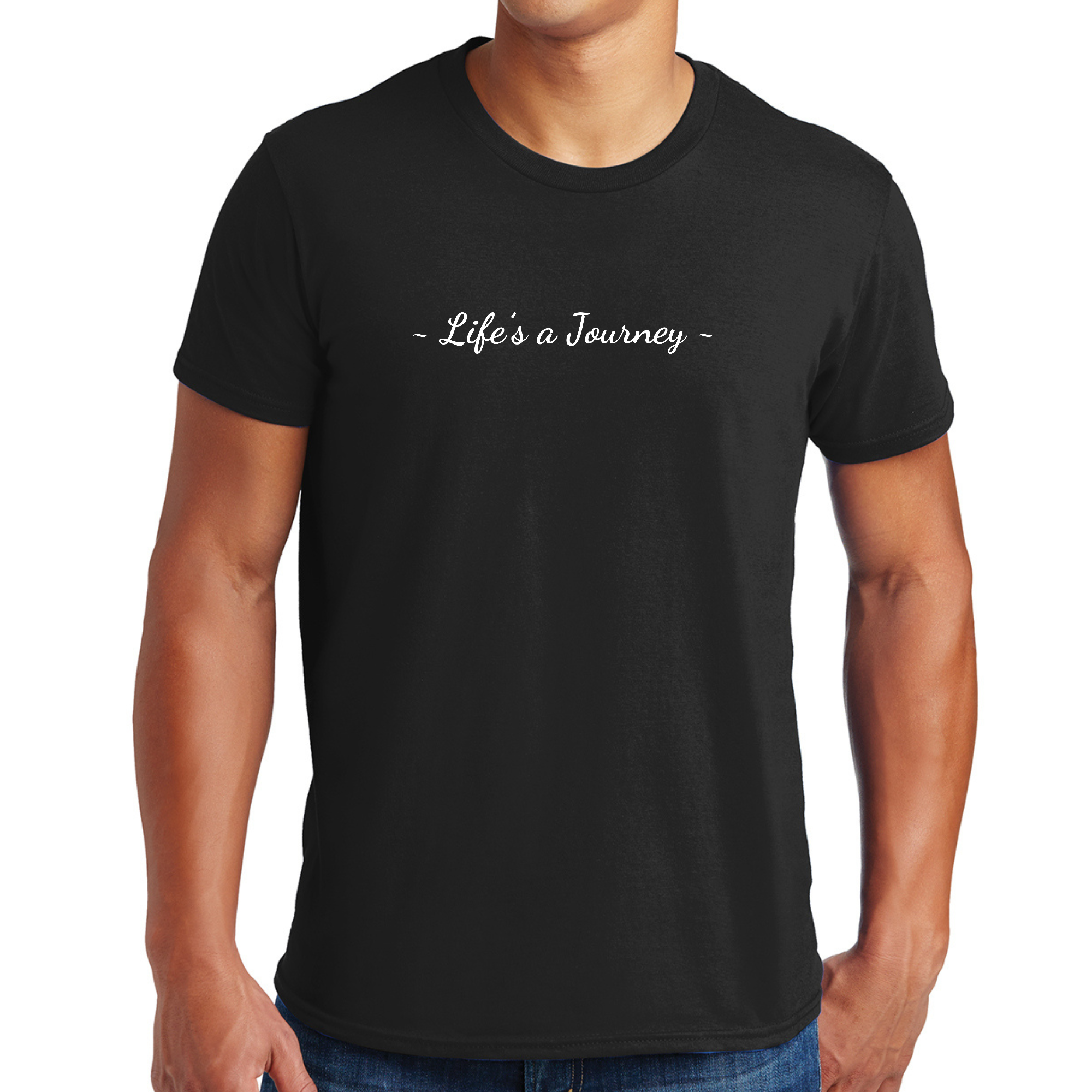 Men's Graphic T-shirt featuring a white print that says 'Life's a Journey', showcasing a modern and artistic design.