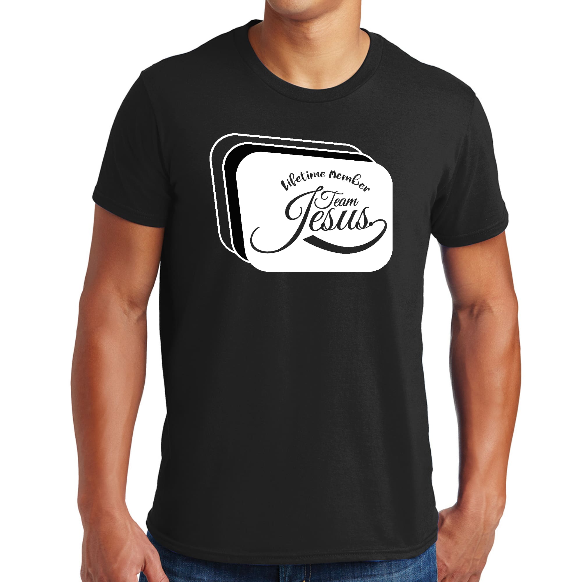 Mens Graphic T-shirt featuring Team Jesus illustration in black and white, made from soft preshrunk cotton, available in sizes S-5XL.