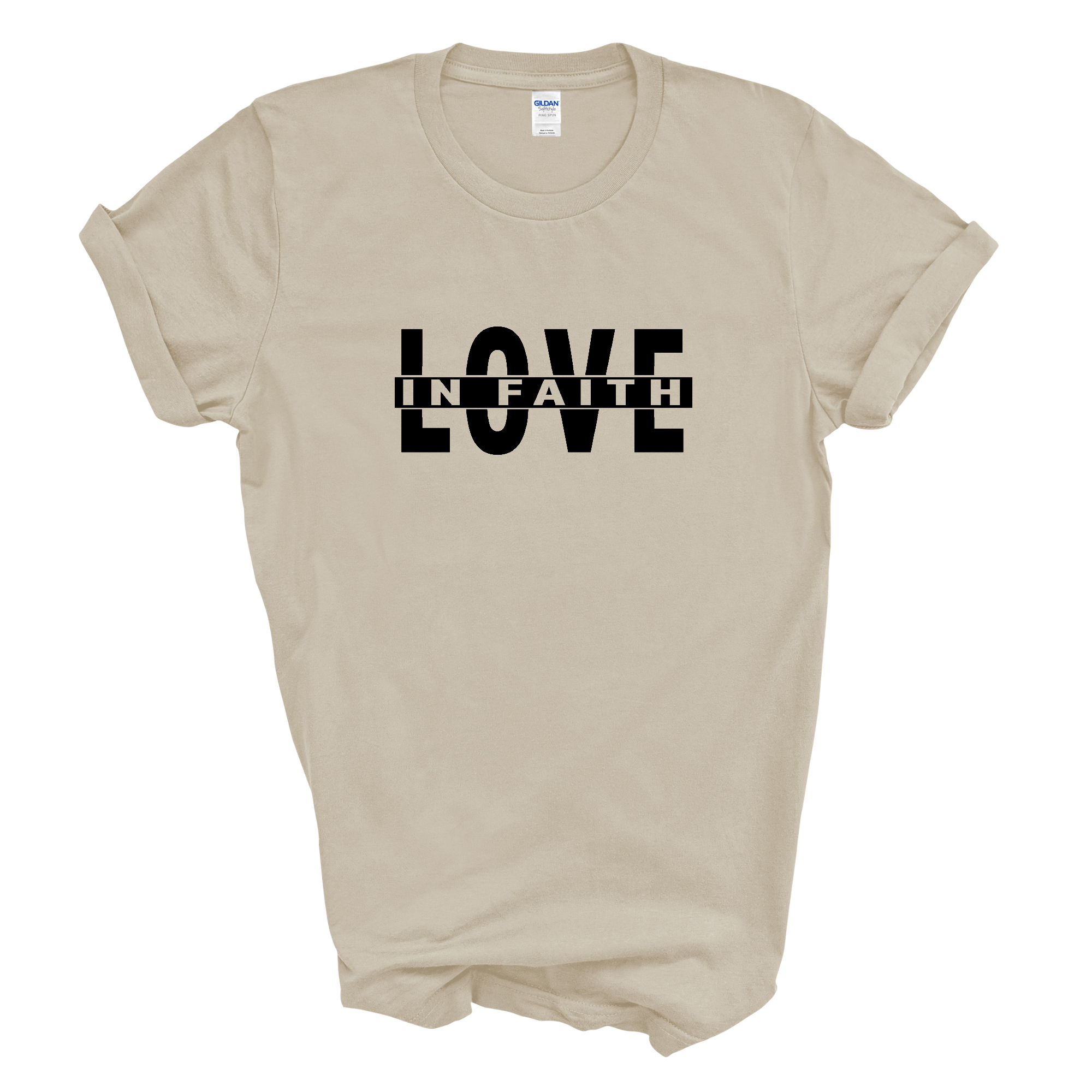 Men's Graphic T-shirt featuring Love in Faith black illustration, made from soft preshrunk cotton, suitable for unisex wear.