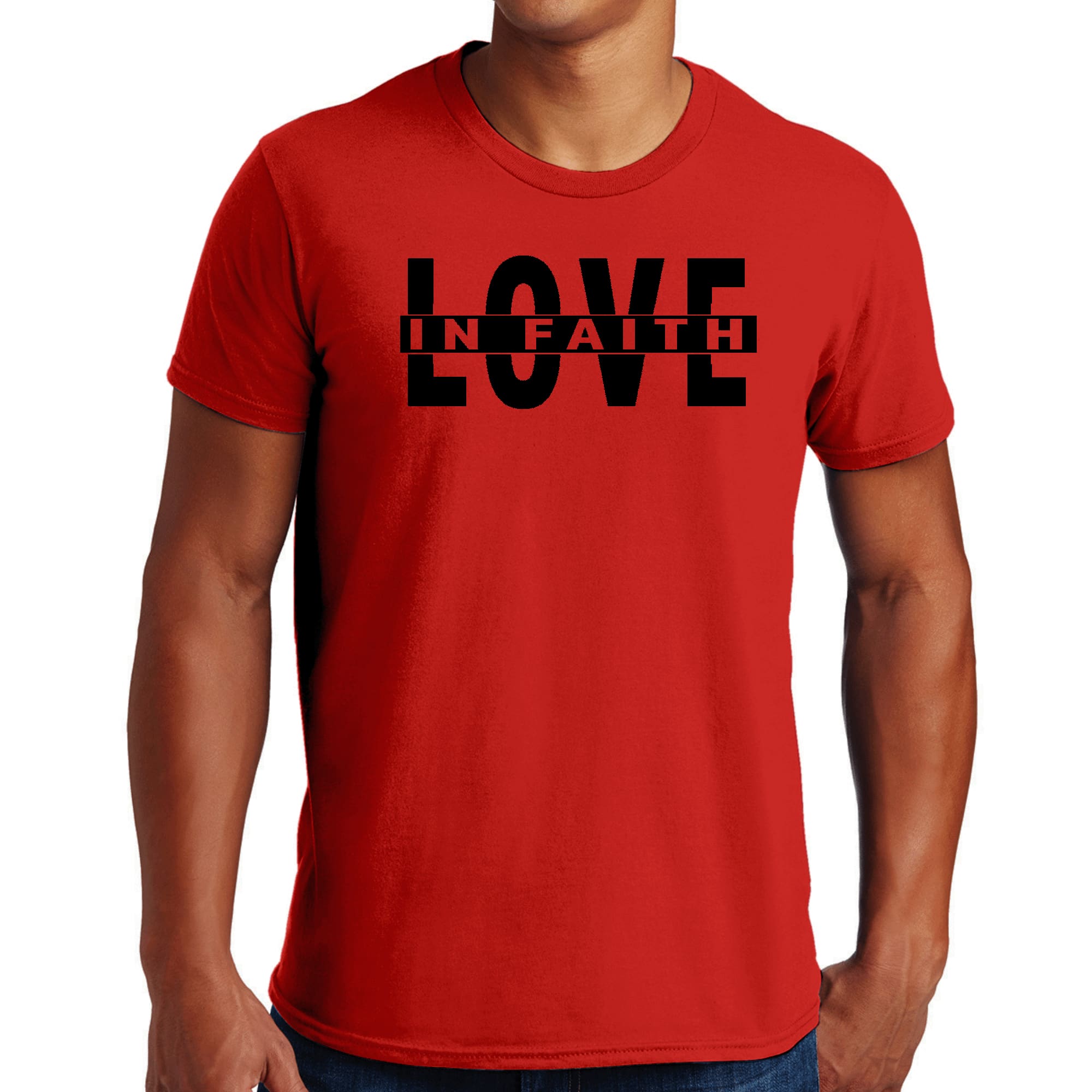 Men's Graphic T-shirt featuring Love in Faith black illustration, made from soft preshrunk cotton, suitable for unisex wear.