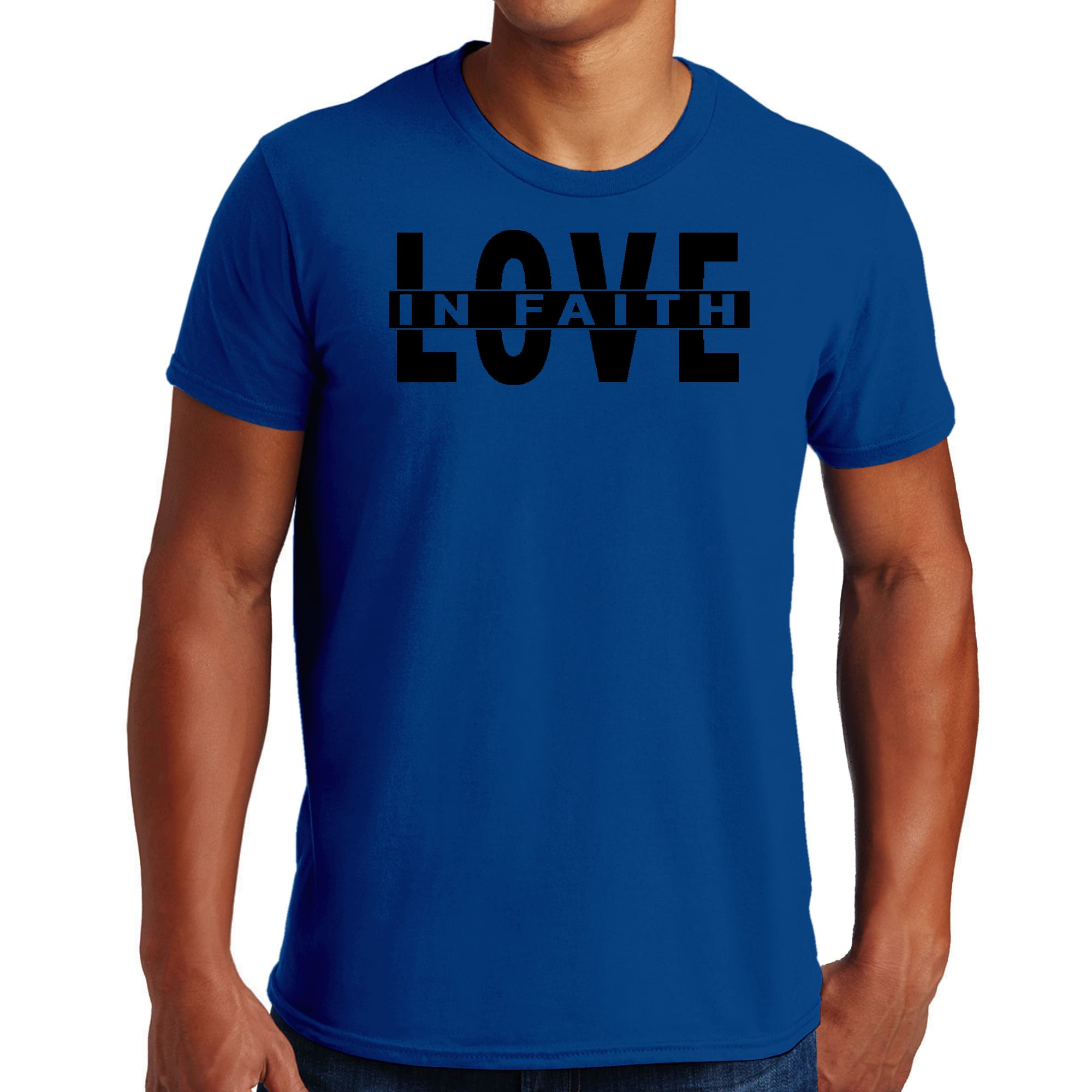 Men's Graphic T-shirt featuring Love in Faith black illustration, made from soft preshrunk cotton, suitable for unisex wear.