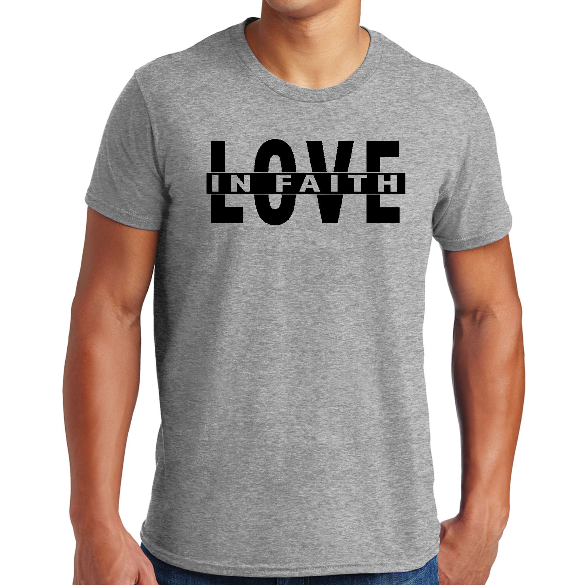 Men's Graphic T-shirt featuring Love in Faith black illustration, made from soft preshrunk cotton, suitable for unisex wear.