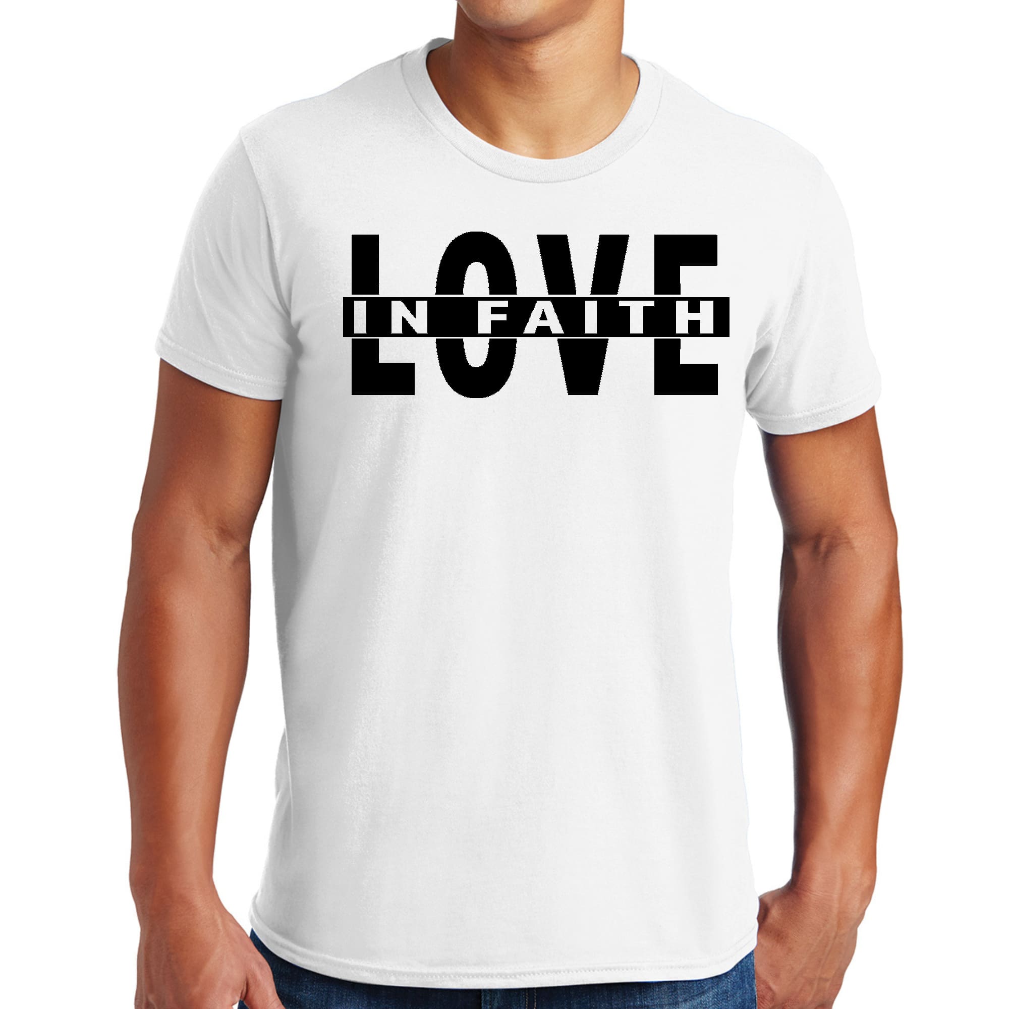 Men's Graphic T-shirt featuring Love in Faith black illustration, made from soft preshrunk cotton, suitable for unisex wear.