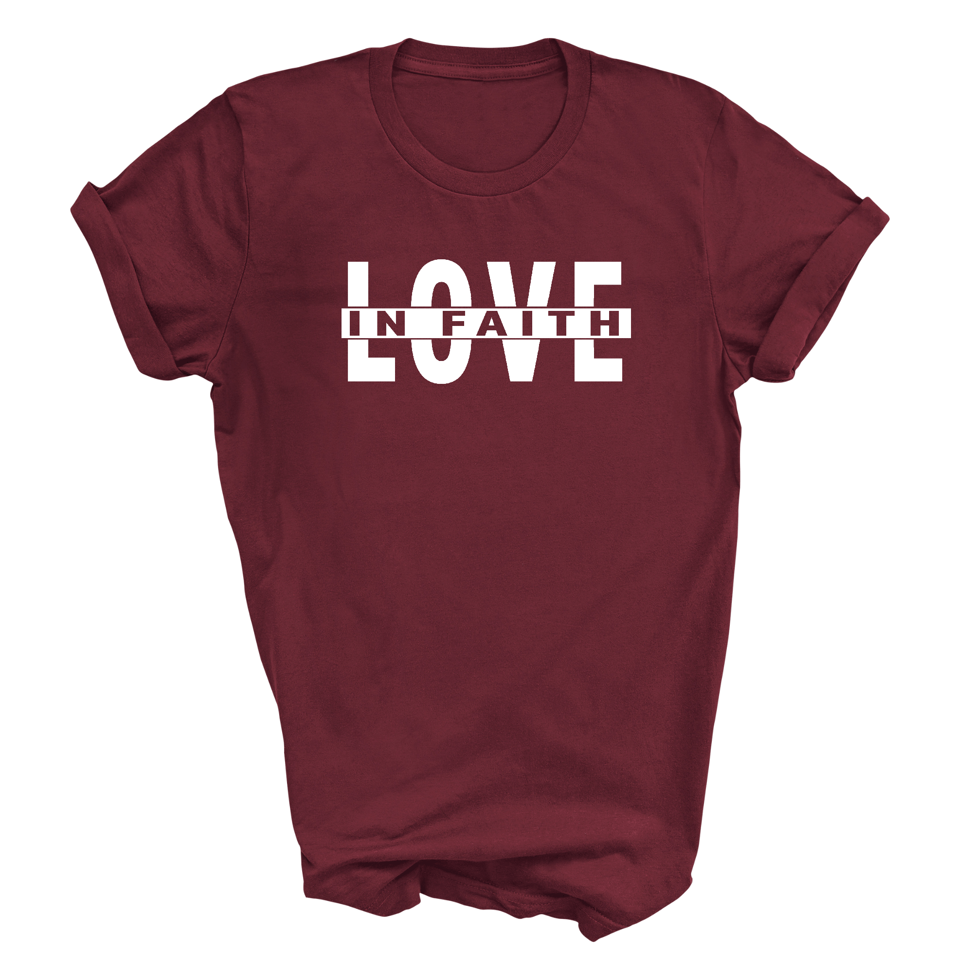 Mens Graphic T-shirt featuring 'Love in Faith' design, made from soft preshrunk cotton, available in sizes S to 5XL.