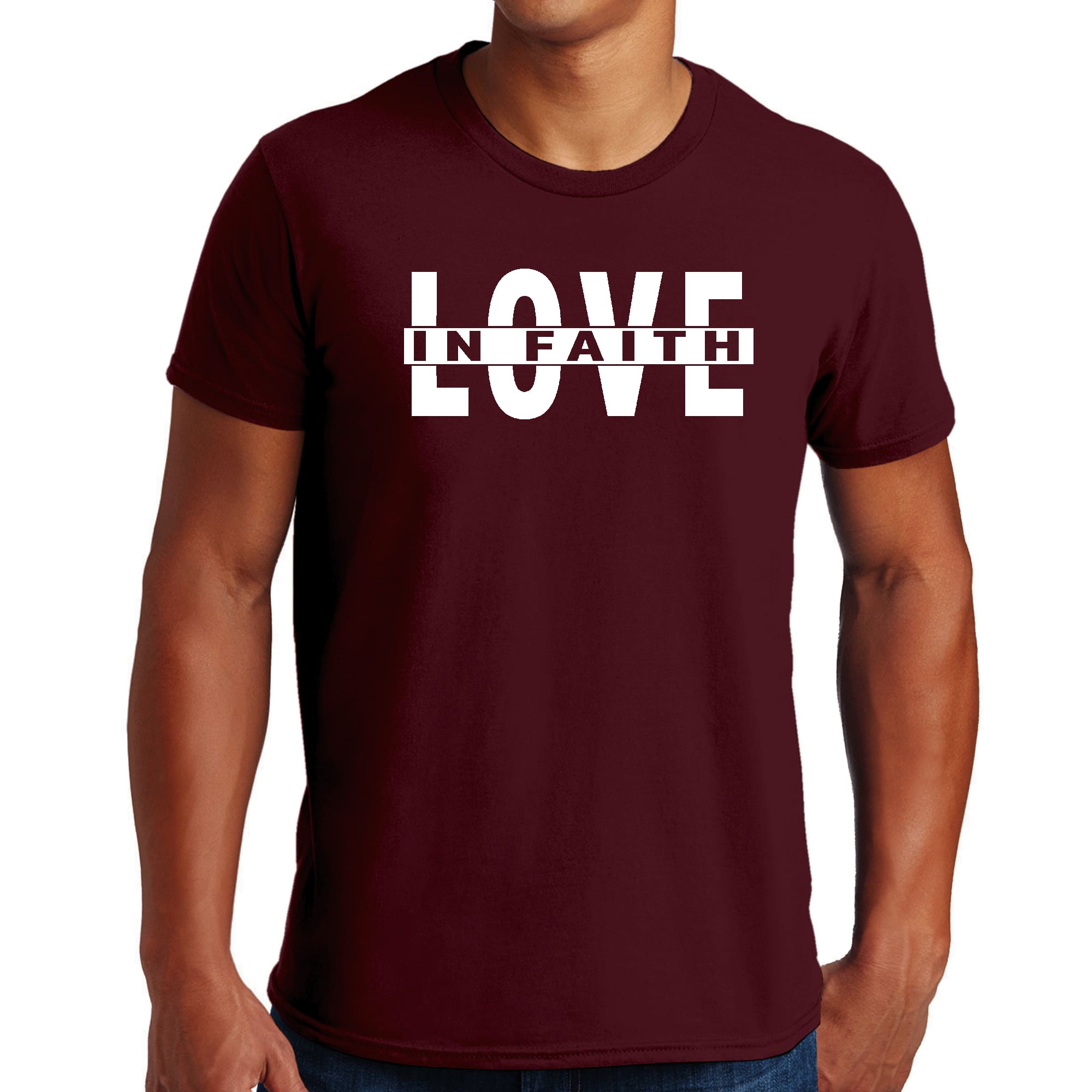 Mens Graphic T-shirt featuring 'Love in Faith' design, made from soft preshrunk cotton, available in sizes S to 5XL.