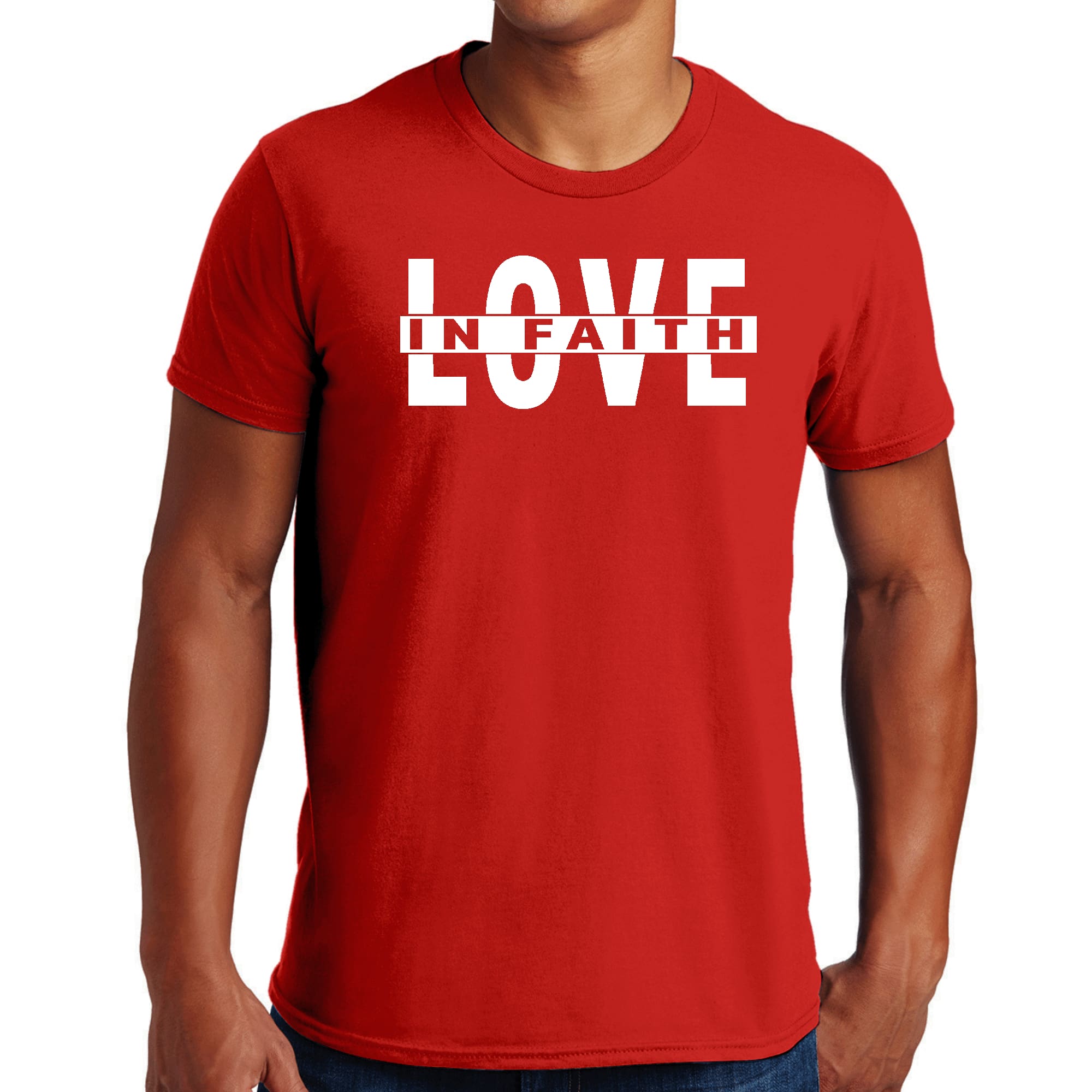 Mens Graphic T-shirt featuring 'Love in Faith' design, made from soft preshrunk cotton, available in sizes S to 5XL.