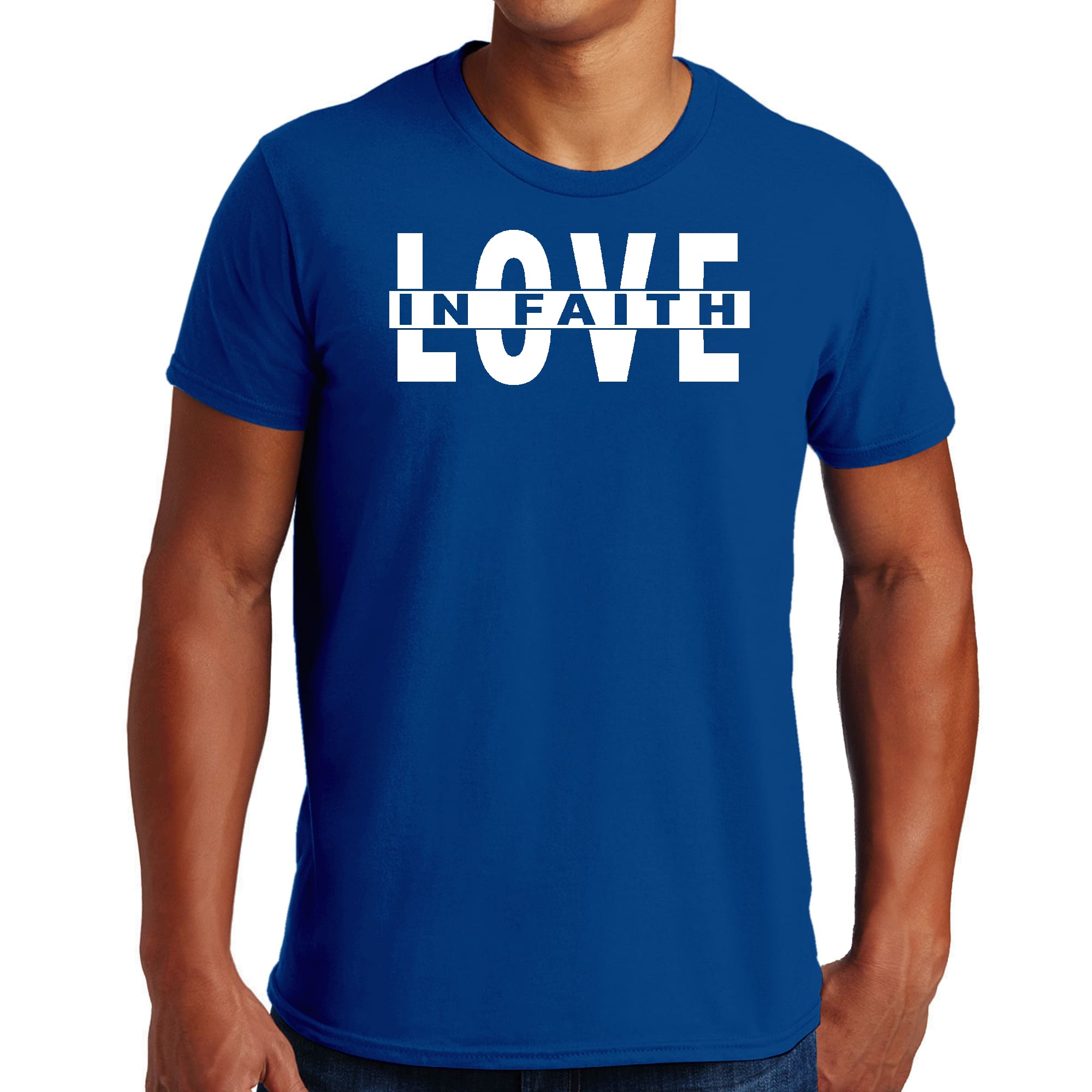 Mens Graphic T-shirt featuring 'Love in Faith' design, made from soft preshrunk cotton, available in sizes S to 5XL.