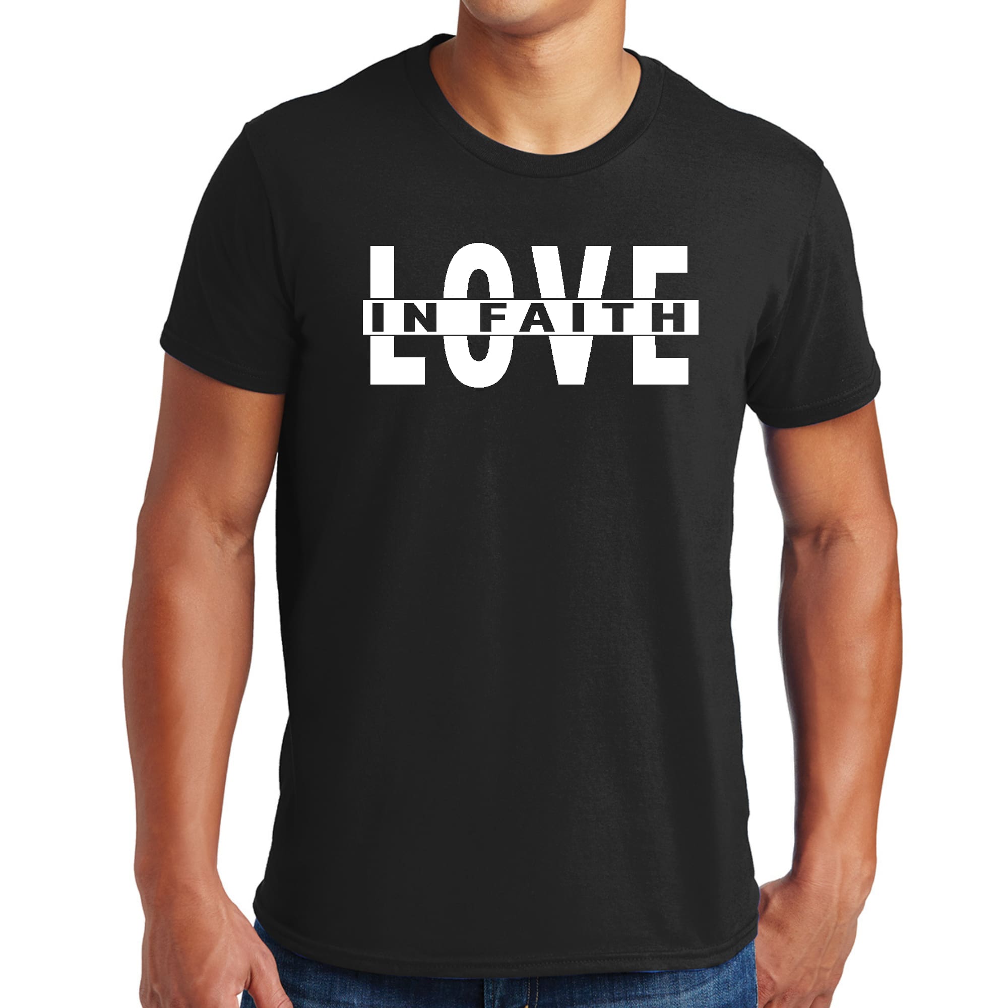 Mens Graphic T-shirt featuring 'Love in Faith' design, made from soft preshrunk cotton, available in sizes S to 5XL.