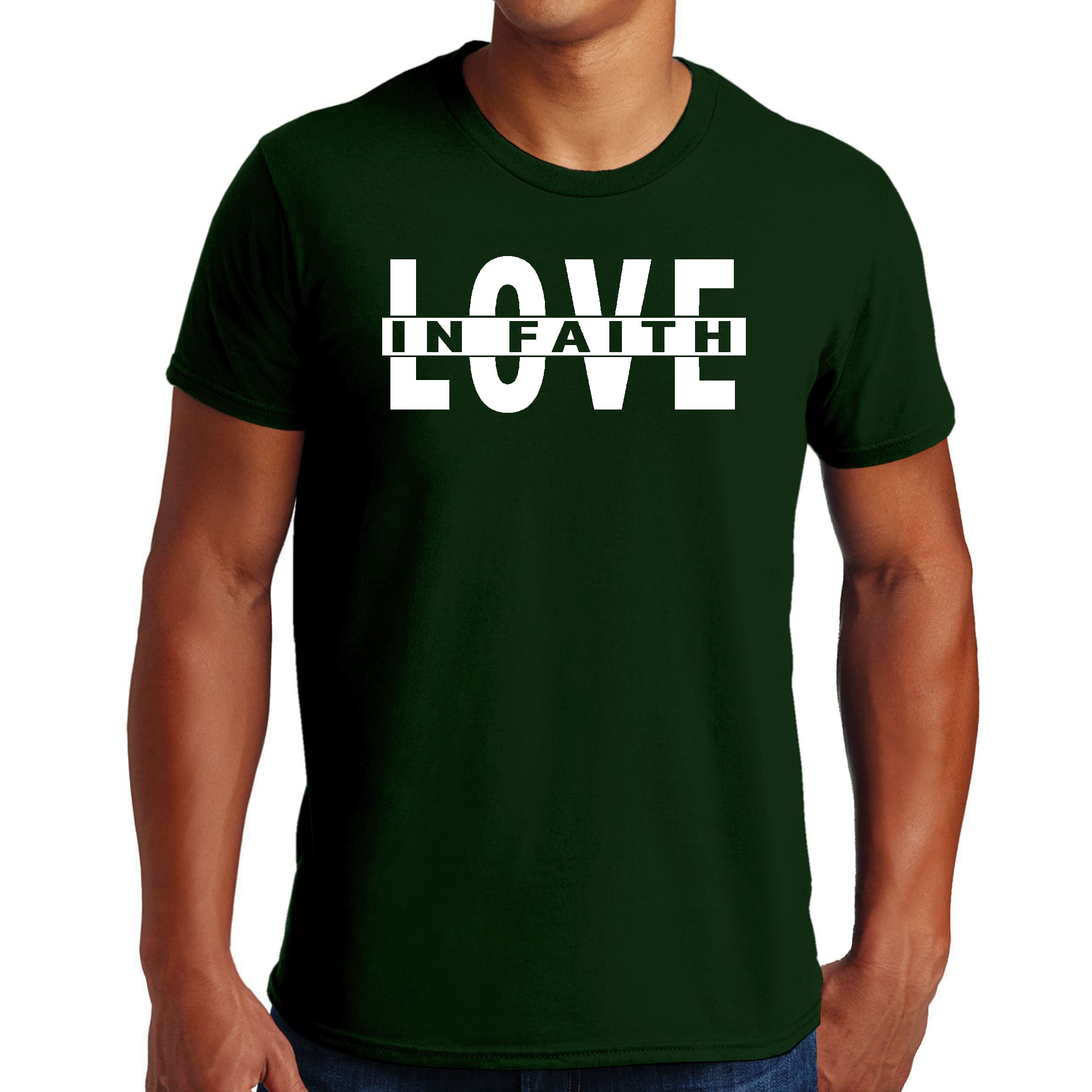 Mens Graphic T-shirt featuring 'Love in Faith' design, made from soft preshrunk cotton, available in sizes S to 5XL.