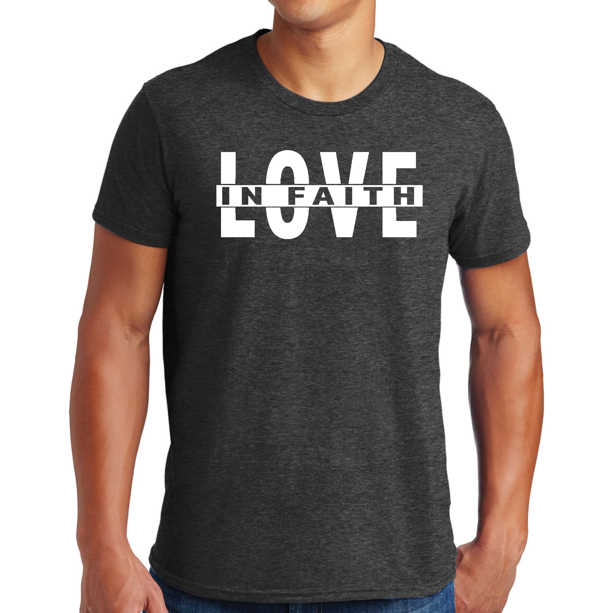 Mens Graphic T-shirt featuring 'Love in Faith' design, made from soft preshrunk cotton, available in sizes S to 5XL.