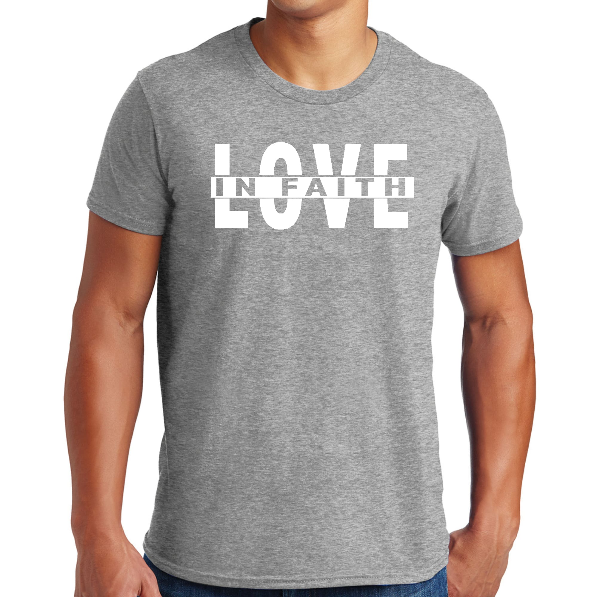 Mens Graphic T-shirt featuring 'Love in Faith' design, made from soft preshrunk cotton, available in sizes S to 5XL.