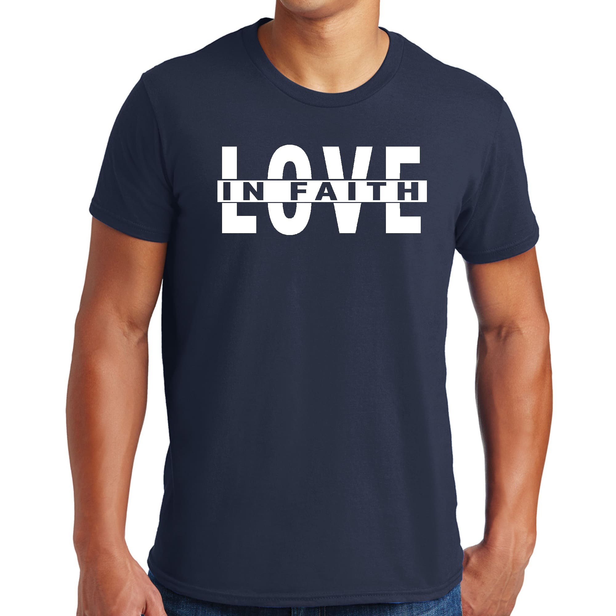 Mens Graphic T-shirt featuring 'Love in Faith' design, made from soft preshrunk cotton, available in sizes S to 5XL.