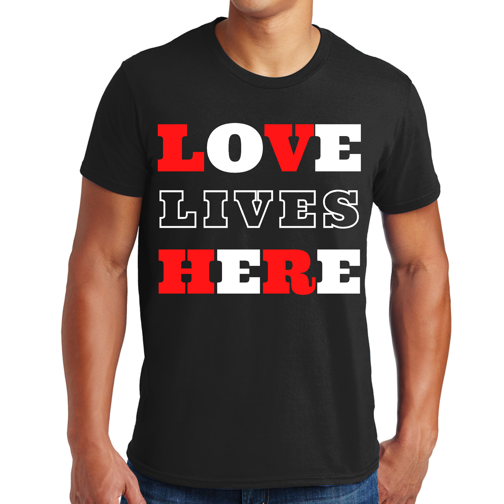 Men's Graphic T-shirt featuring 'Love Lives Here' inspirational design, made from soft cotton with a unisex fit.