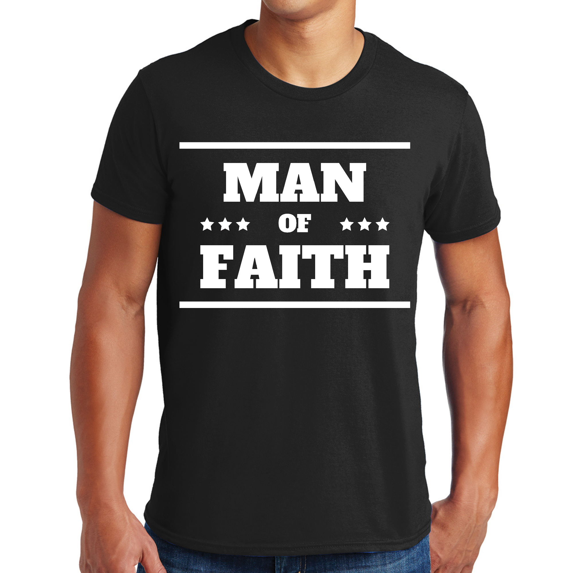 Men's Graphic T-shirt featuring 'Man of Faith' design, made from soft cotton with a comfortable fit.