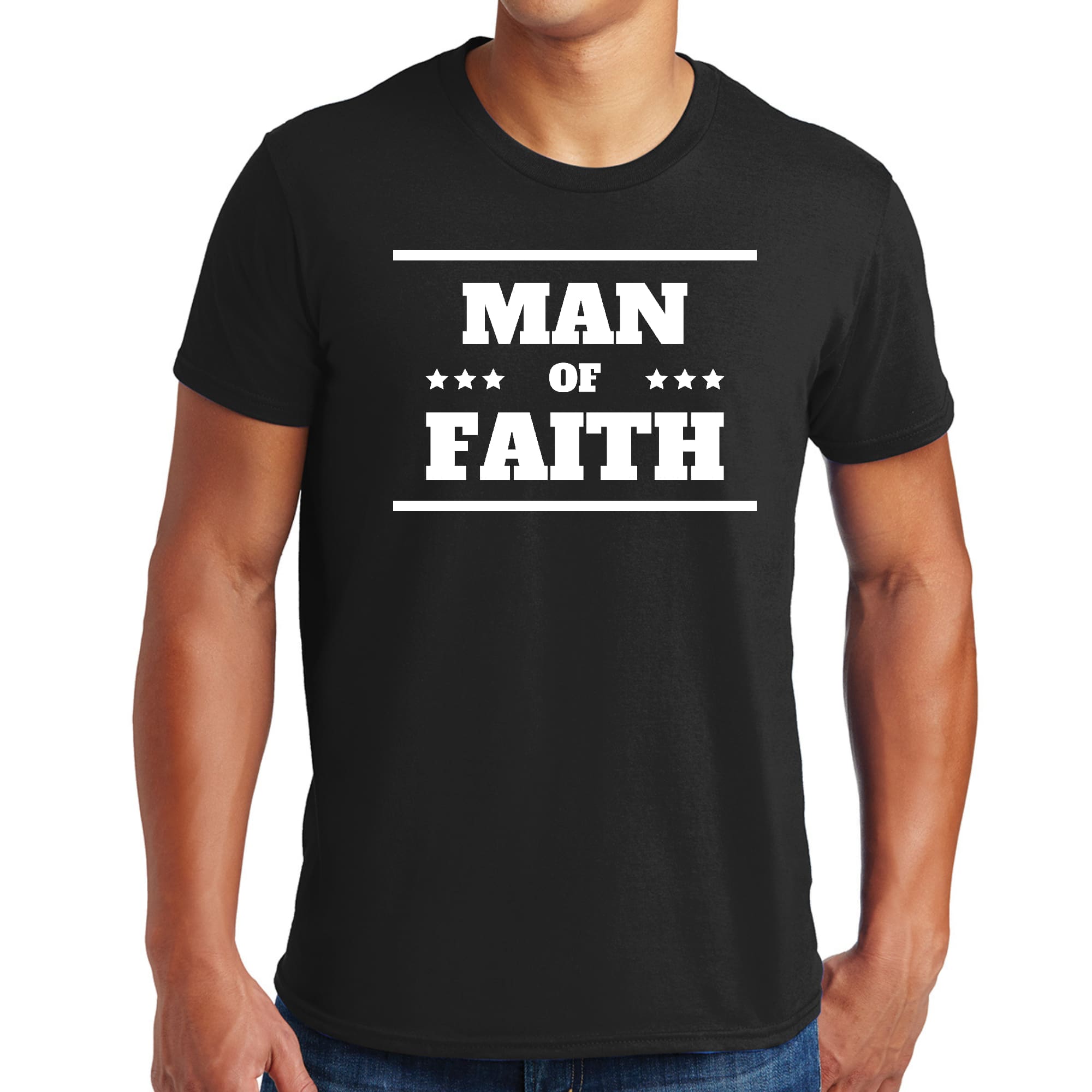 Men's Graphic T-shirt featuring 'Man of Faith' design, made from soft cotton with a comfortable fit.