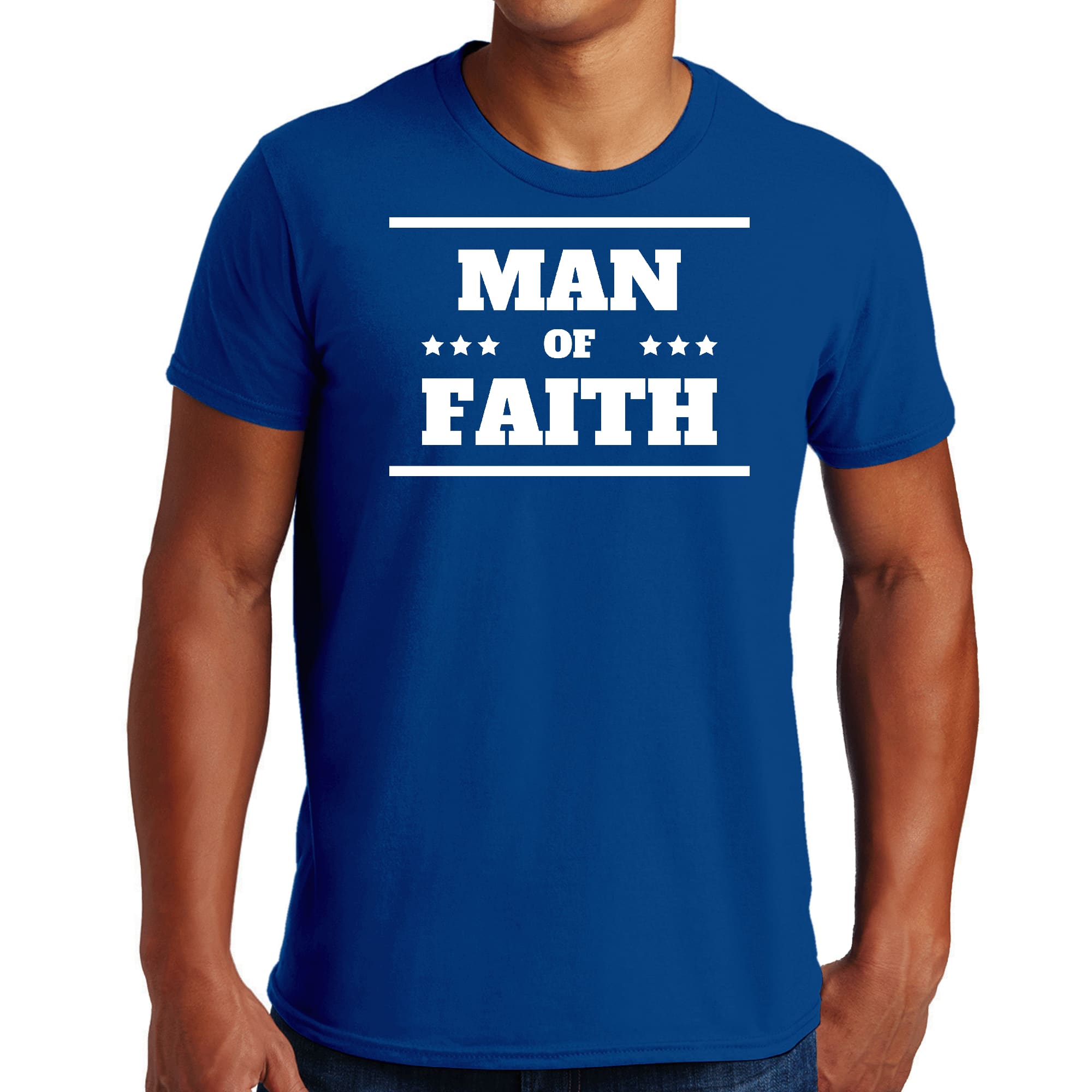 Men's Graphic T-shirt featuring 'Man of Faith' design, made from soft cotton with a comfortable fit.