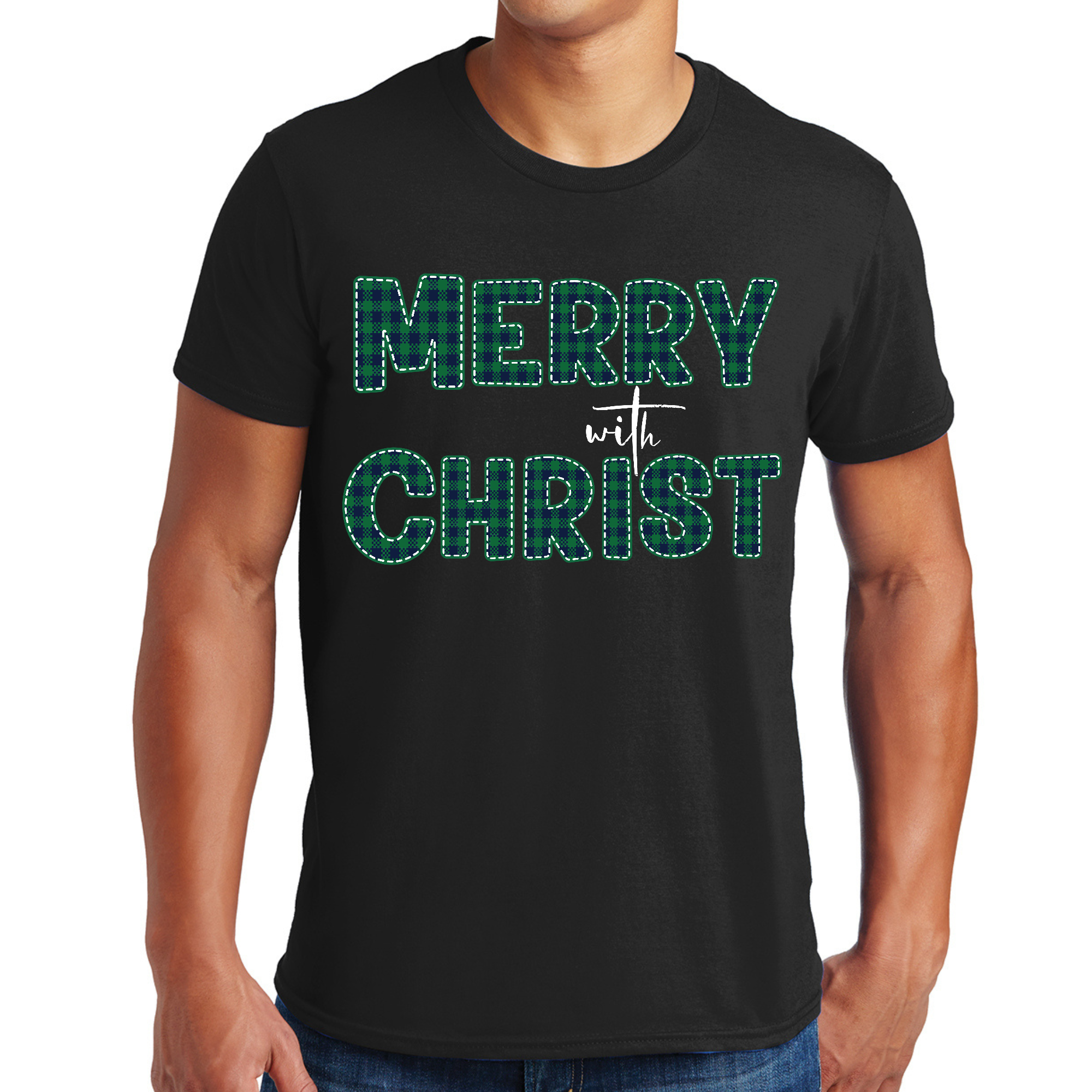 Men's Graphic T-shirt featuring Merry Christ design in green plaid for Christmas holiday celebrations.