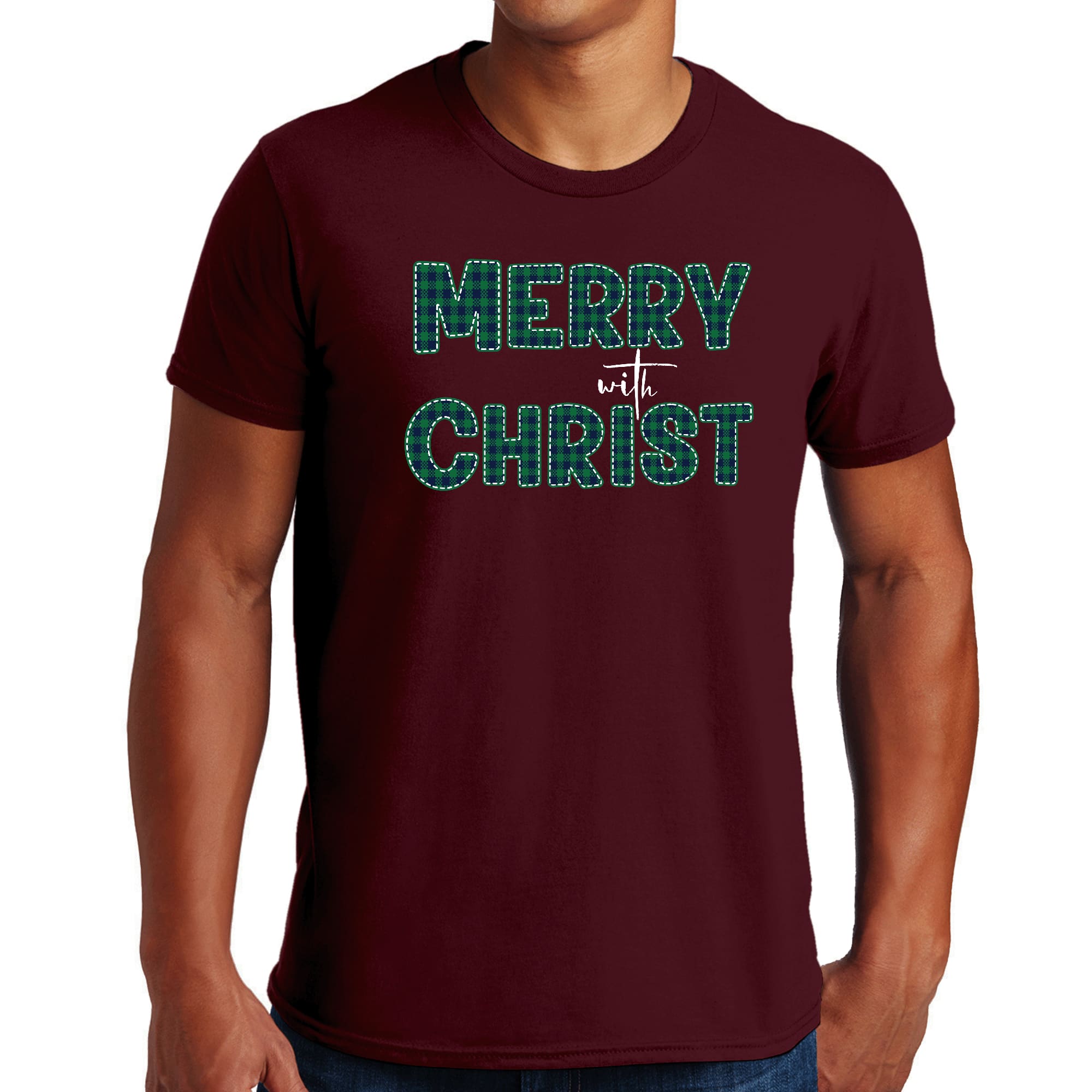 Men's Graphic T-shirt featuring Merry Christ design in green plaid for Christmas holiday celebrations.