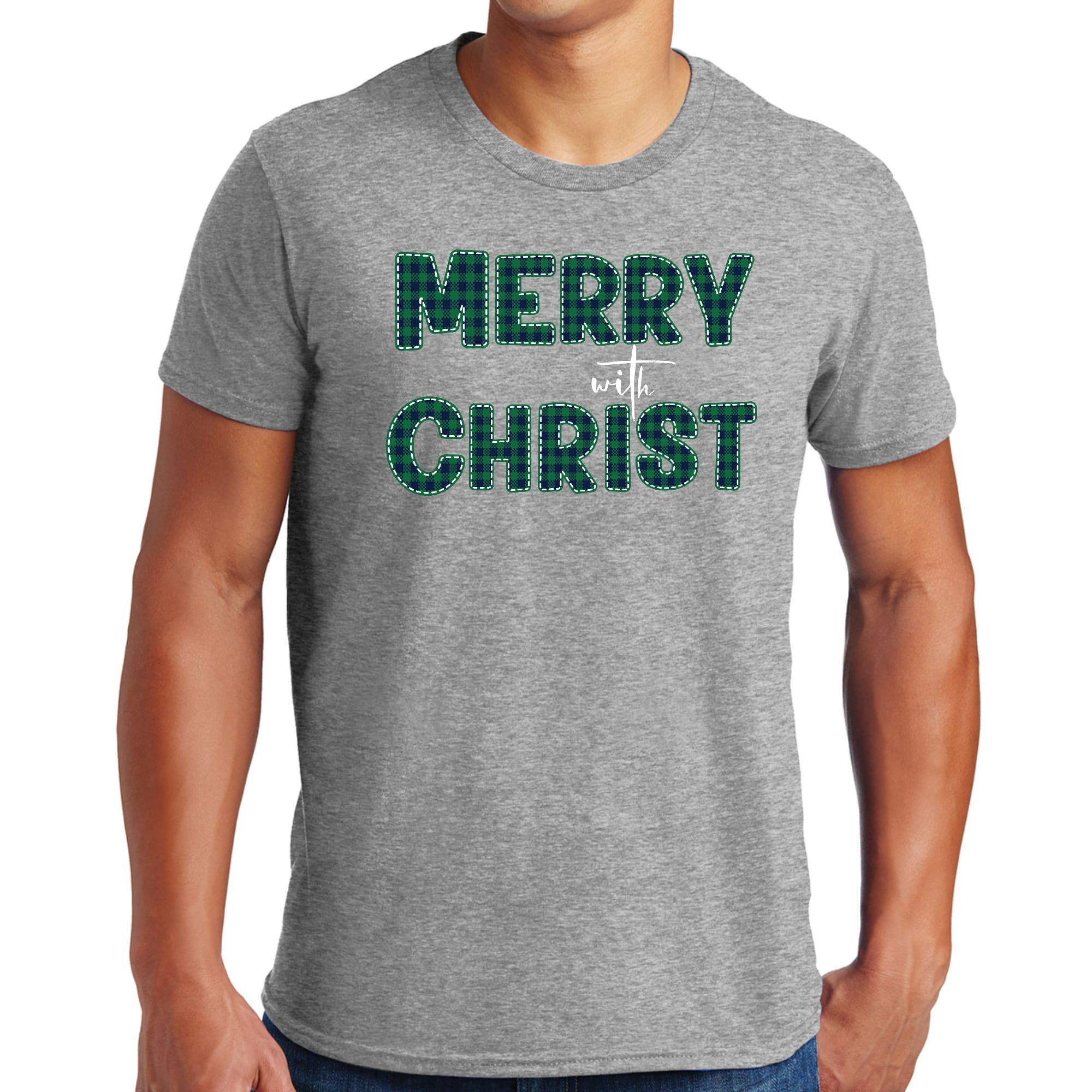 Men's Graphic T-shirt featuring Merry Christ design in green plaid for Christmas holiday celebrations.