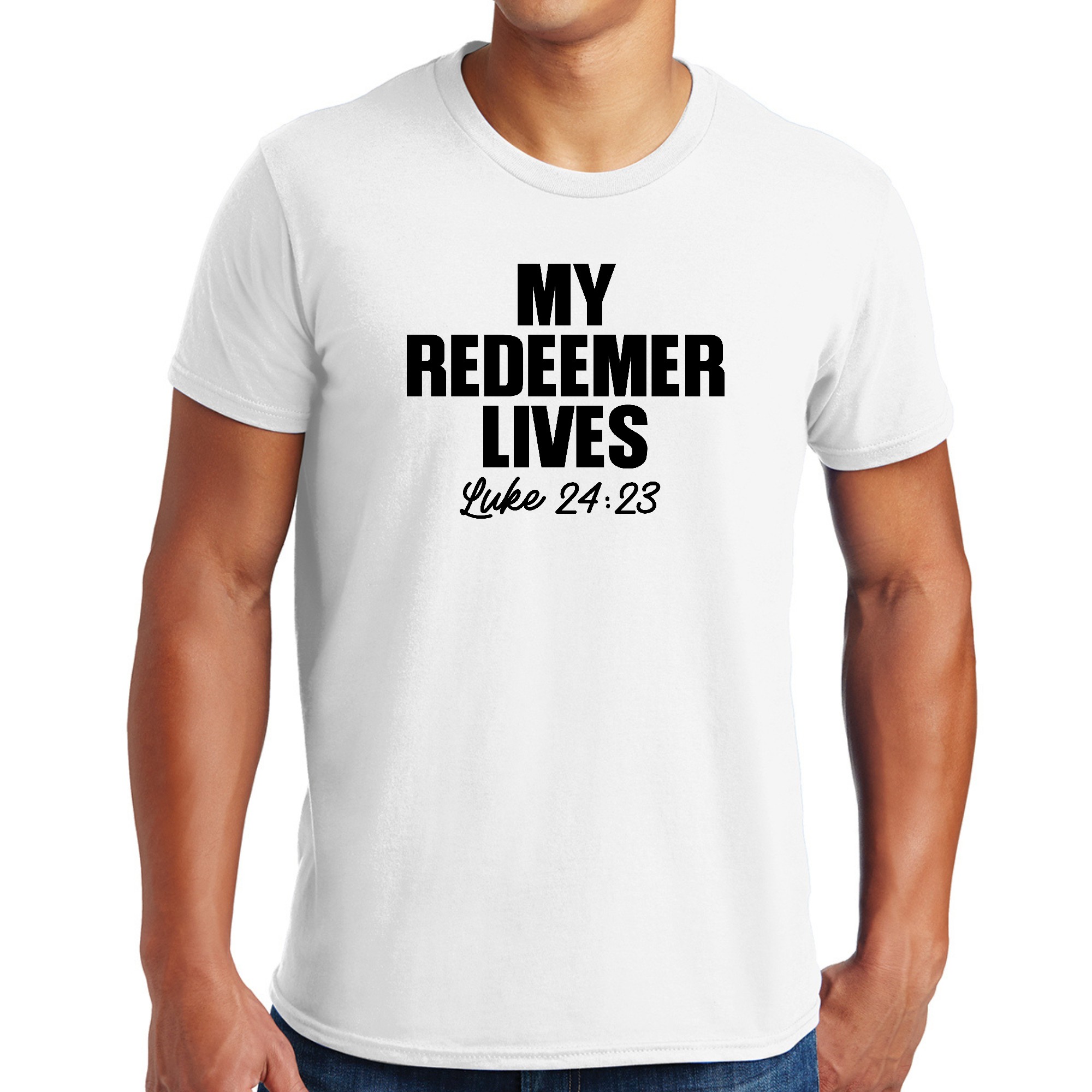 Men's Graphic T-shirt featuring 'My Redeemer Lives' print, showcasing a modern design with vibrant colors and comfortable fit.