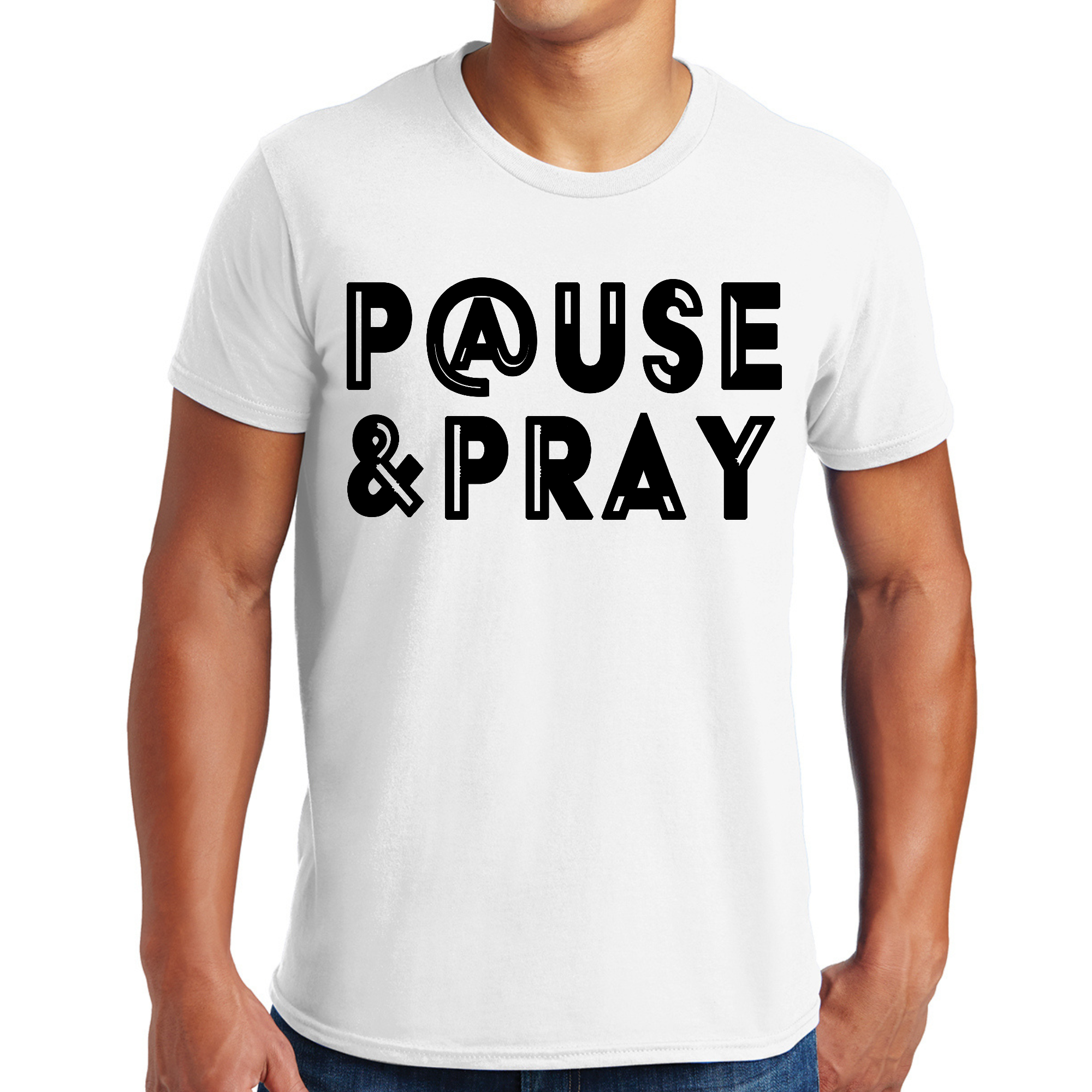 Men's black graphic t-shirt with 'Pause and Pray' illustration, showcasing a stylish design and comfortable fit.