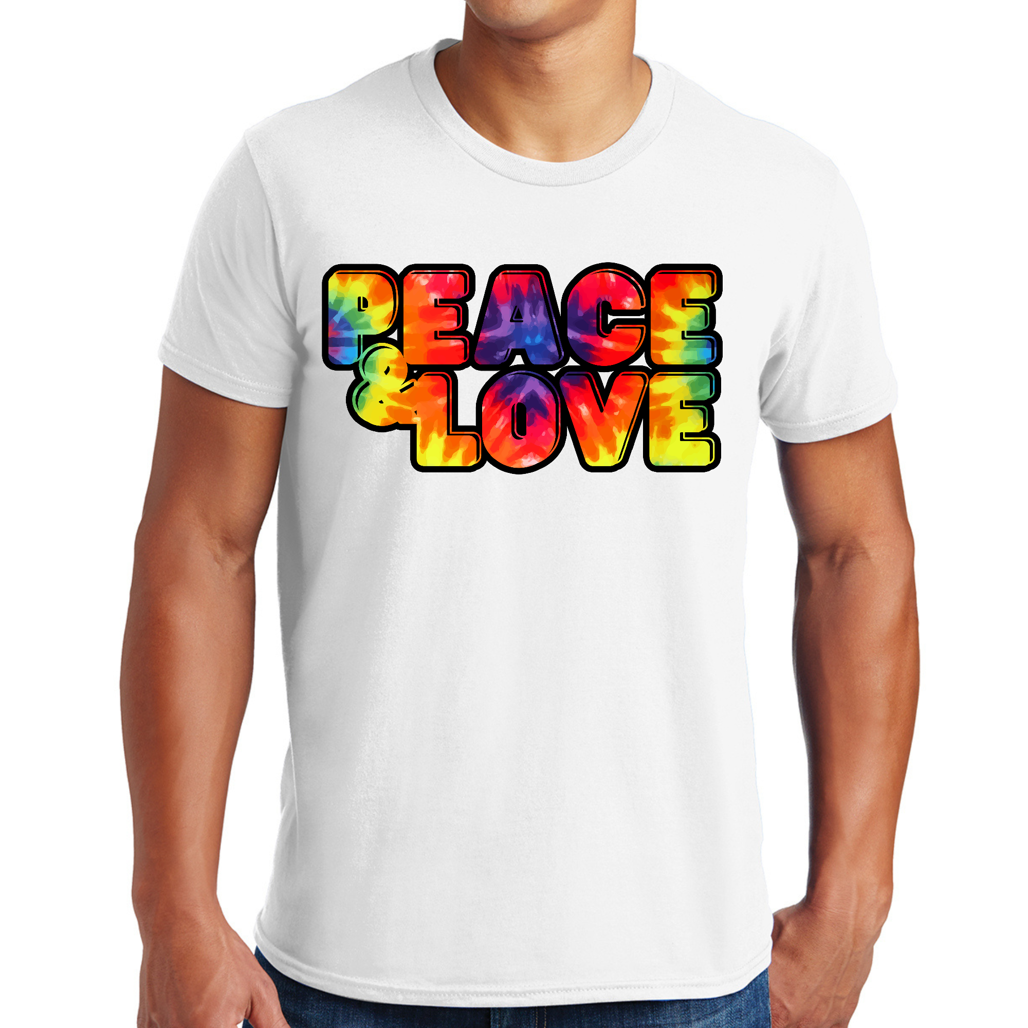 Men's Graphic T-shirt featuring a colorful Peace and Love illustration, showcasing a vibrant design on soft cotton fabric.