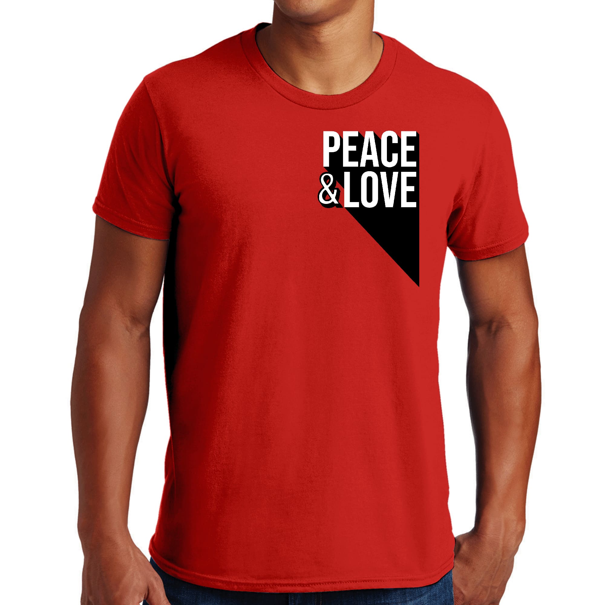 Mens Graphic T-shirt featuring a vibrant Peace and Love print, made from soft preshrunk cotton, available in various sizes.