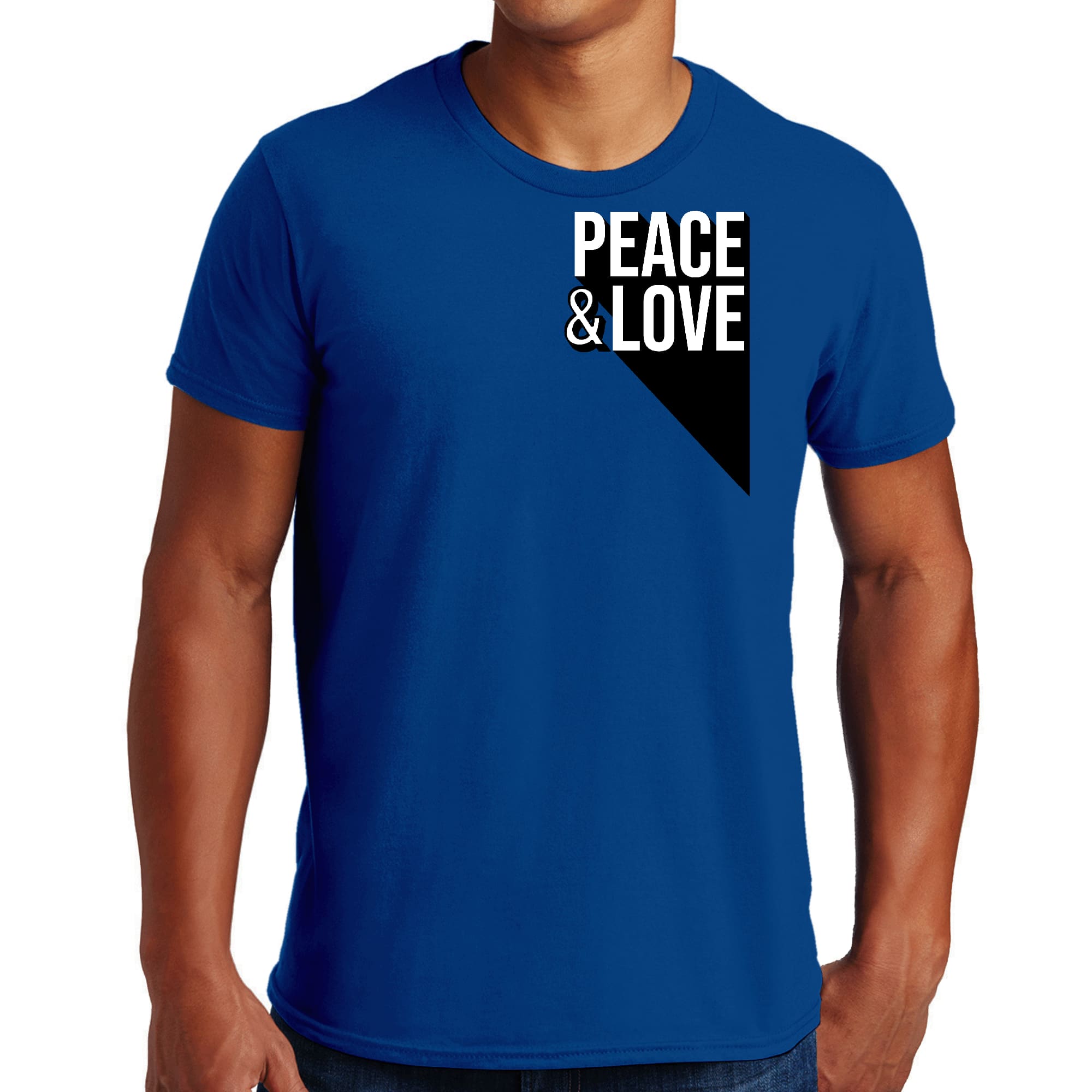 Mens Graphic T-shirt featuring a vibrant Peace and Love print, made from soft preshrunk cotton, available in various sizes.