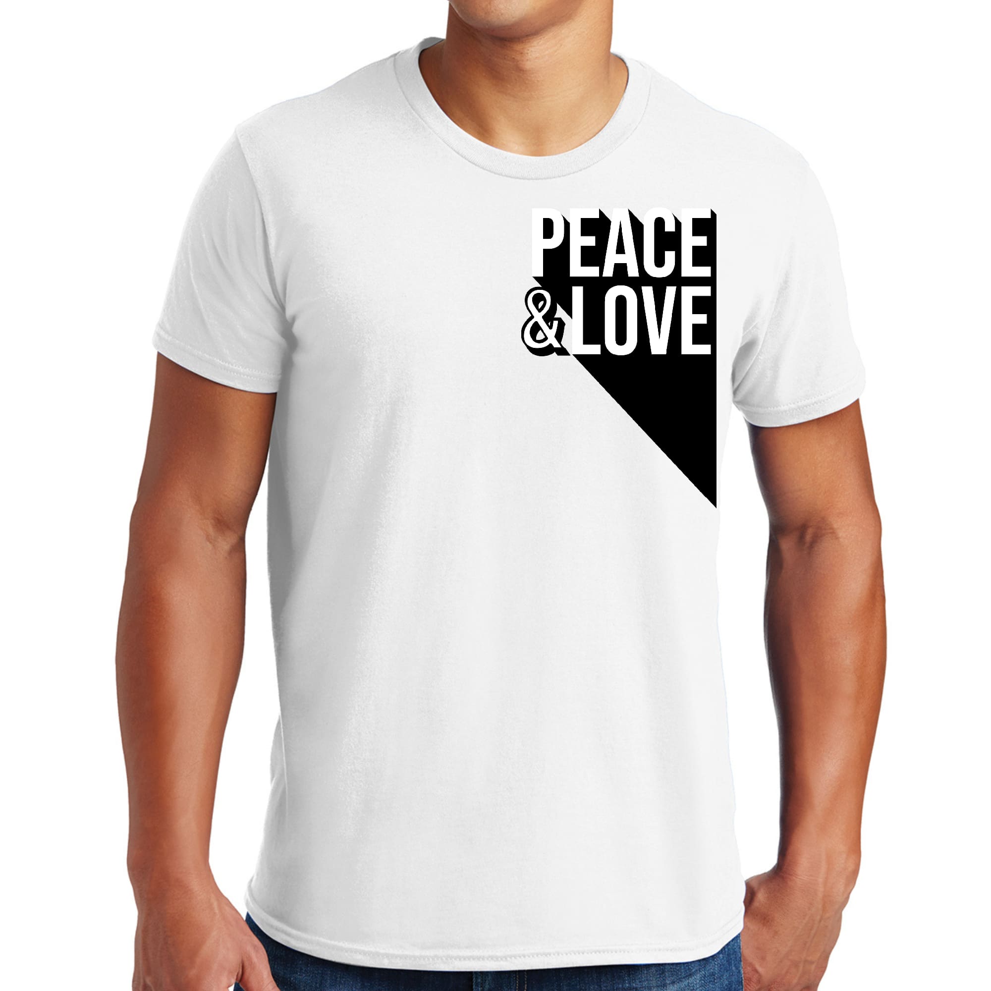 Mens Graphic T-shirt featuring a vibrant Peace and Love print, made from soft preshrunk cotton, available in various sizes.