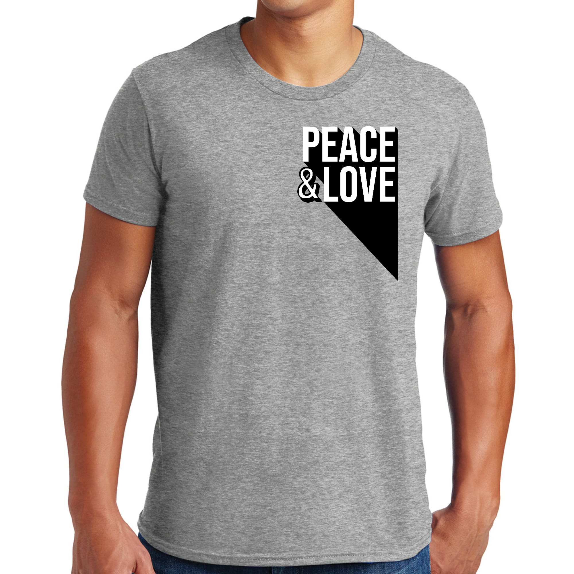 Mens Graphic T-shirt featuring a vibrant Peace and Love print, made from soft preshrunk cotton, available in various sizes.