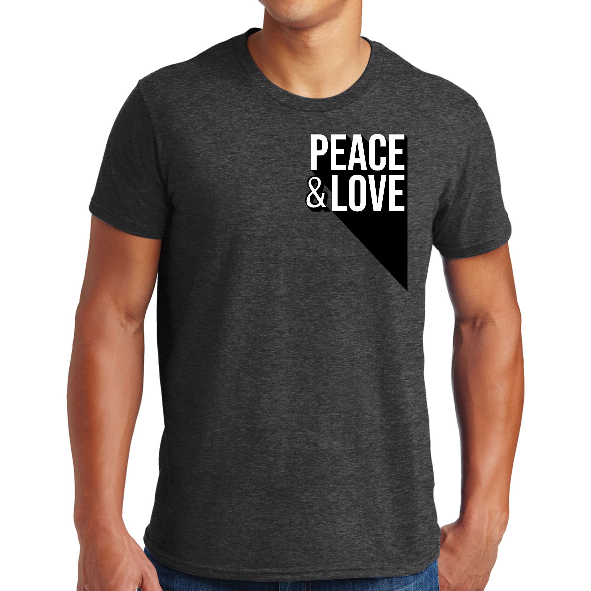 Mens Graphic T-shirt featuring a vibrant Peace and Love print, made from soft preshrunk cotton, available in various sizes.