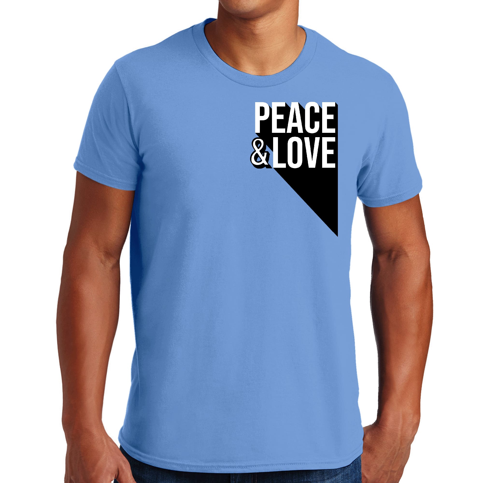 Mens Graphic T-shirt featuring a vibrant Peace and Love print, made from soft preshrunk cotton, available in various sizes.