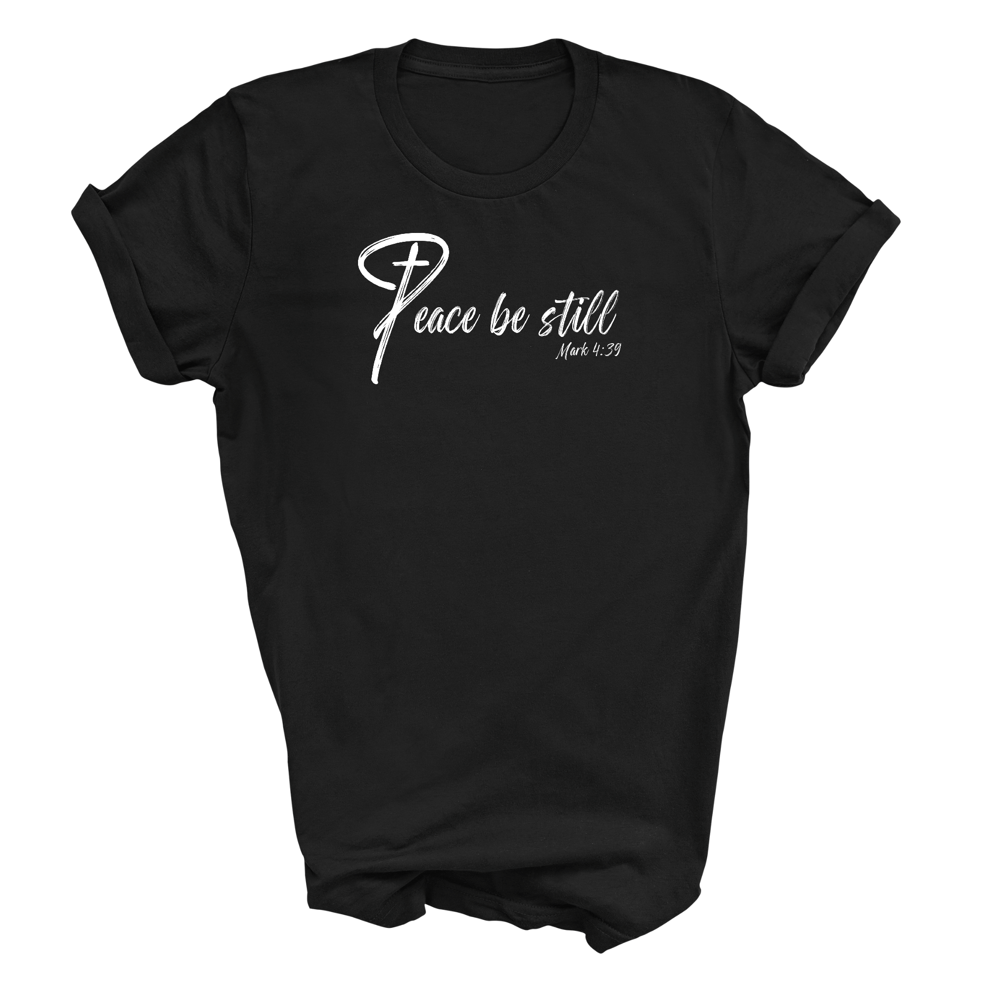 Mens Graphic T-shirt in black featuring 'Peace Be Still' inspirational art illustration, made from soft preshrunk cotton.