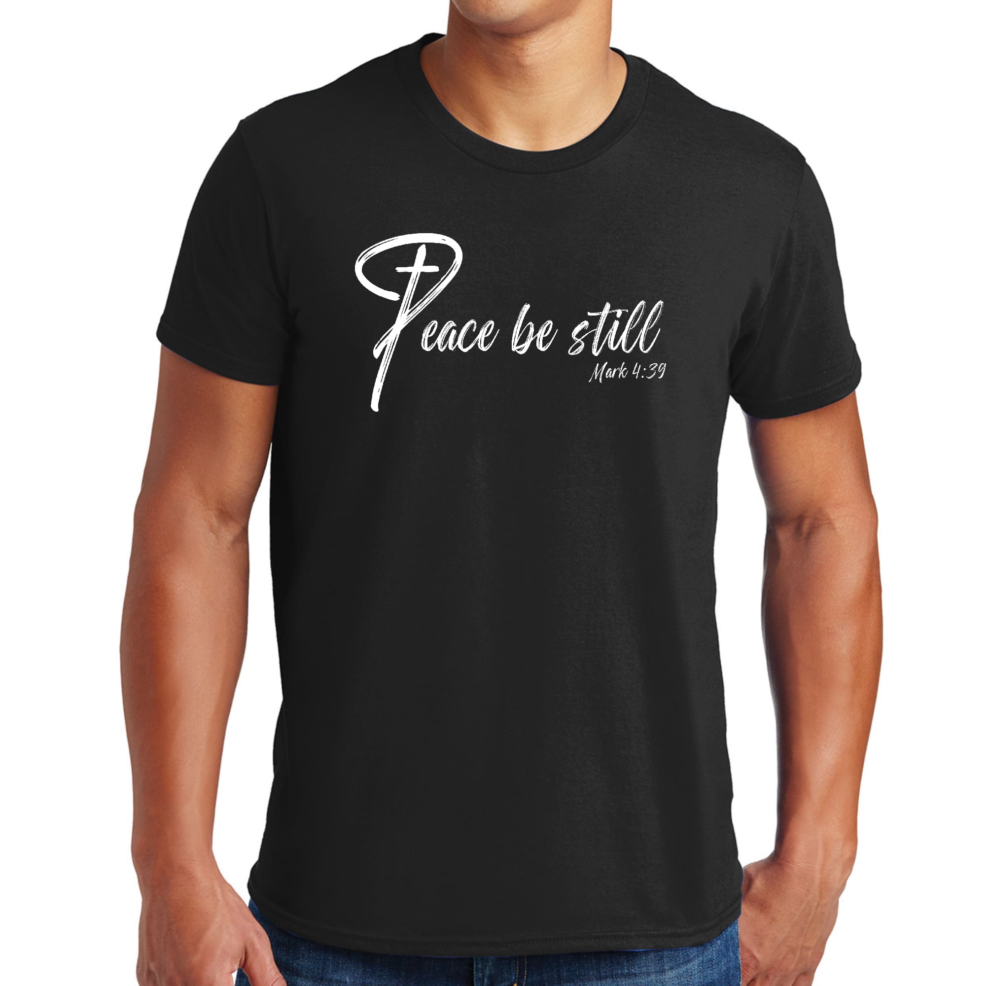 Mens Graphic T-shirt in black featuring 'Peace Be Still' inspirational art illustration, made from soft preshrunk cotton.