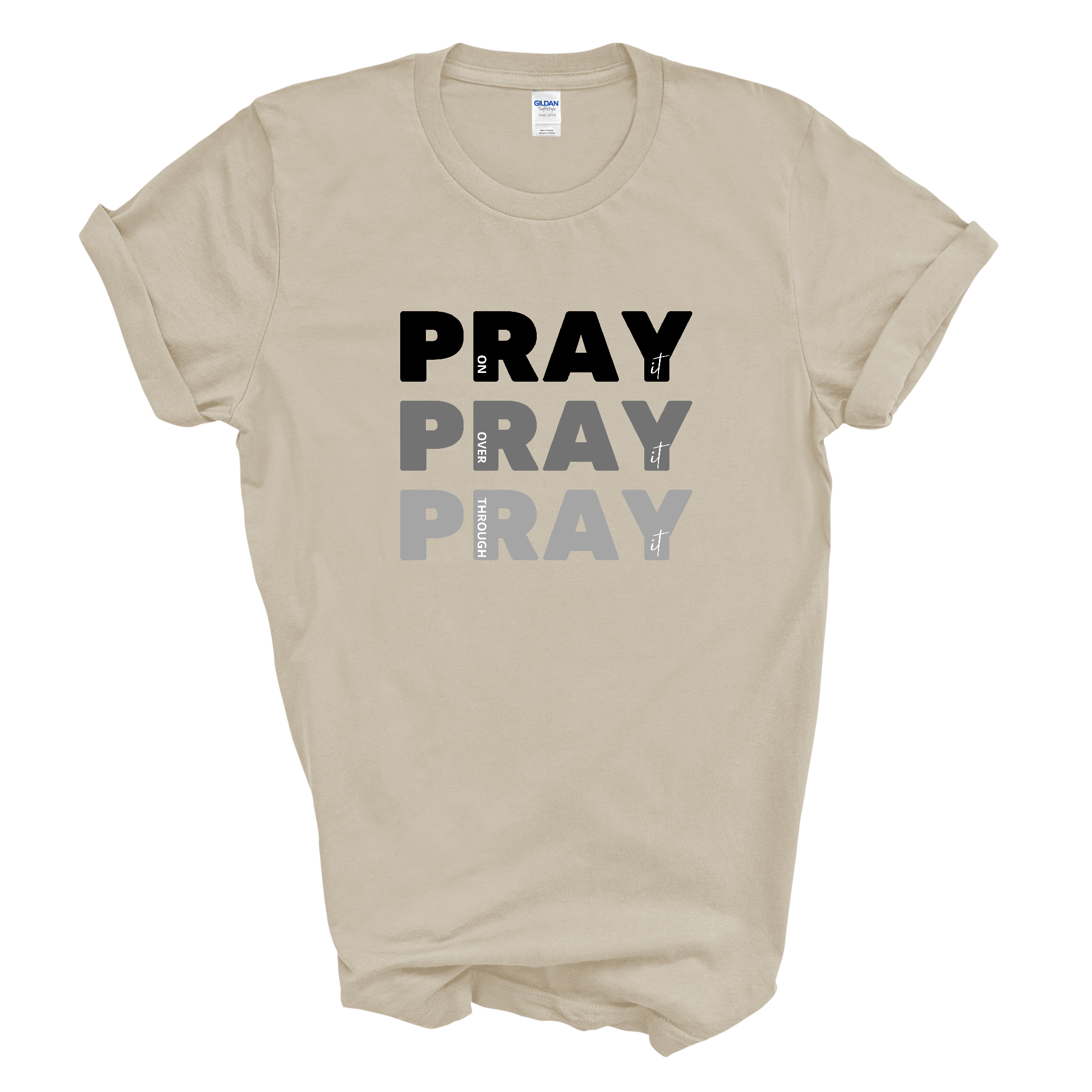 Men's black graphic T-shirt featuring 'Pray on it Over it Through it' inspirational print, made from soft preshrunk cotton.