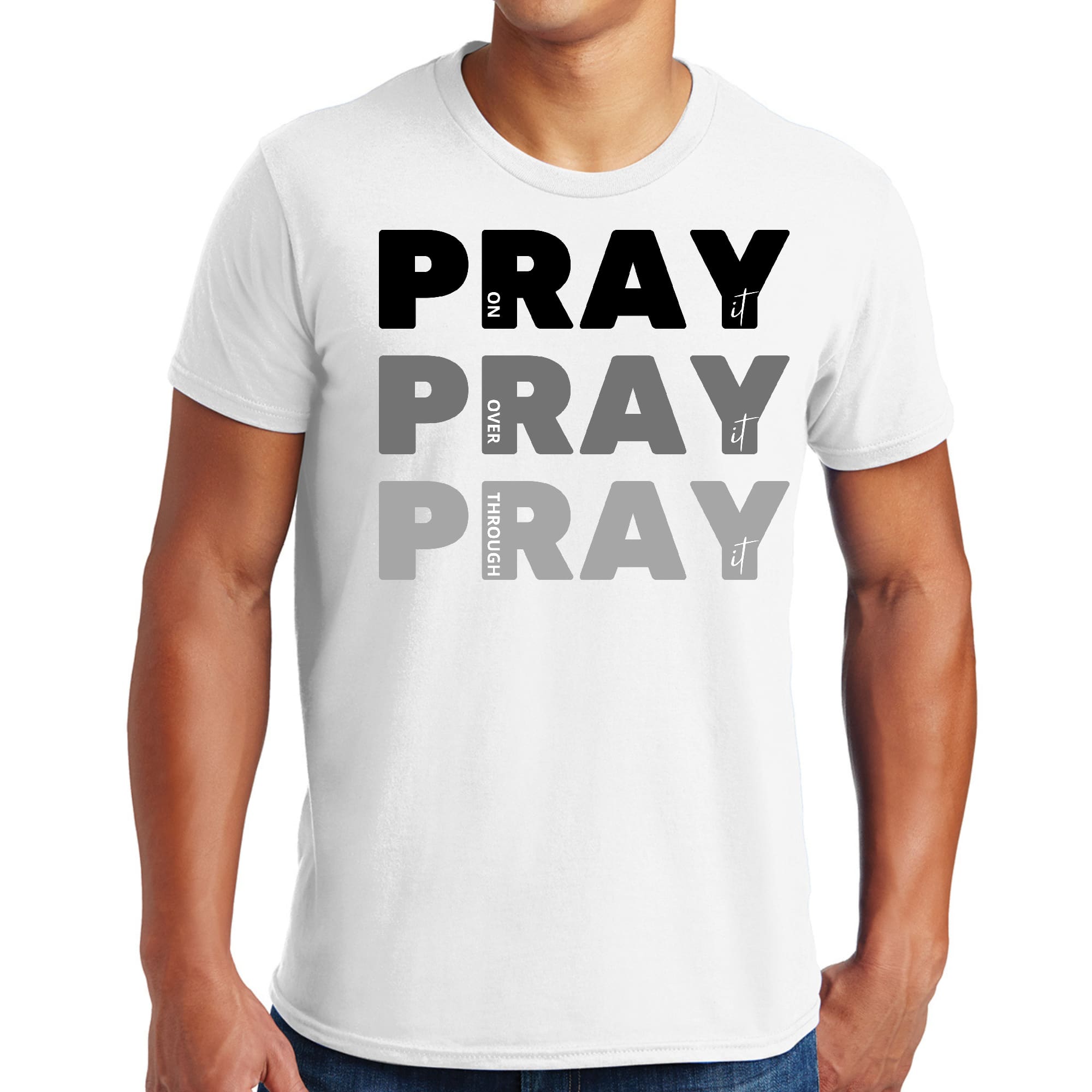 Men's black graphic T-shirt featuring 'Pray on it Over it Through it' inspirational print, made from soft preshrunk cotton.