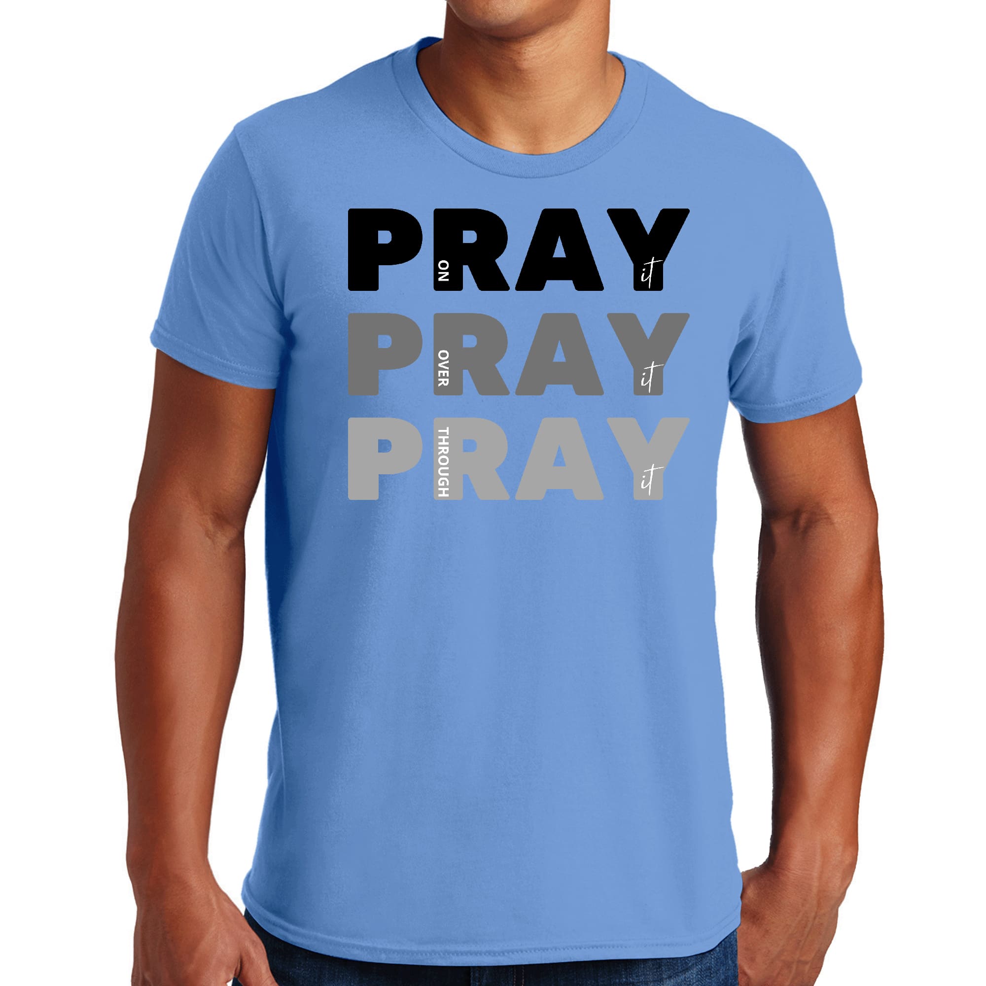 Men's black graphic T-shirt featuring 'Pray on it Over it Through it' inspirational print, made from soft preshrunk cotton.